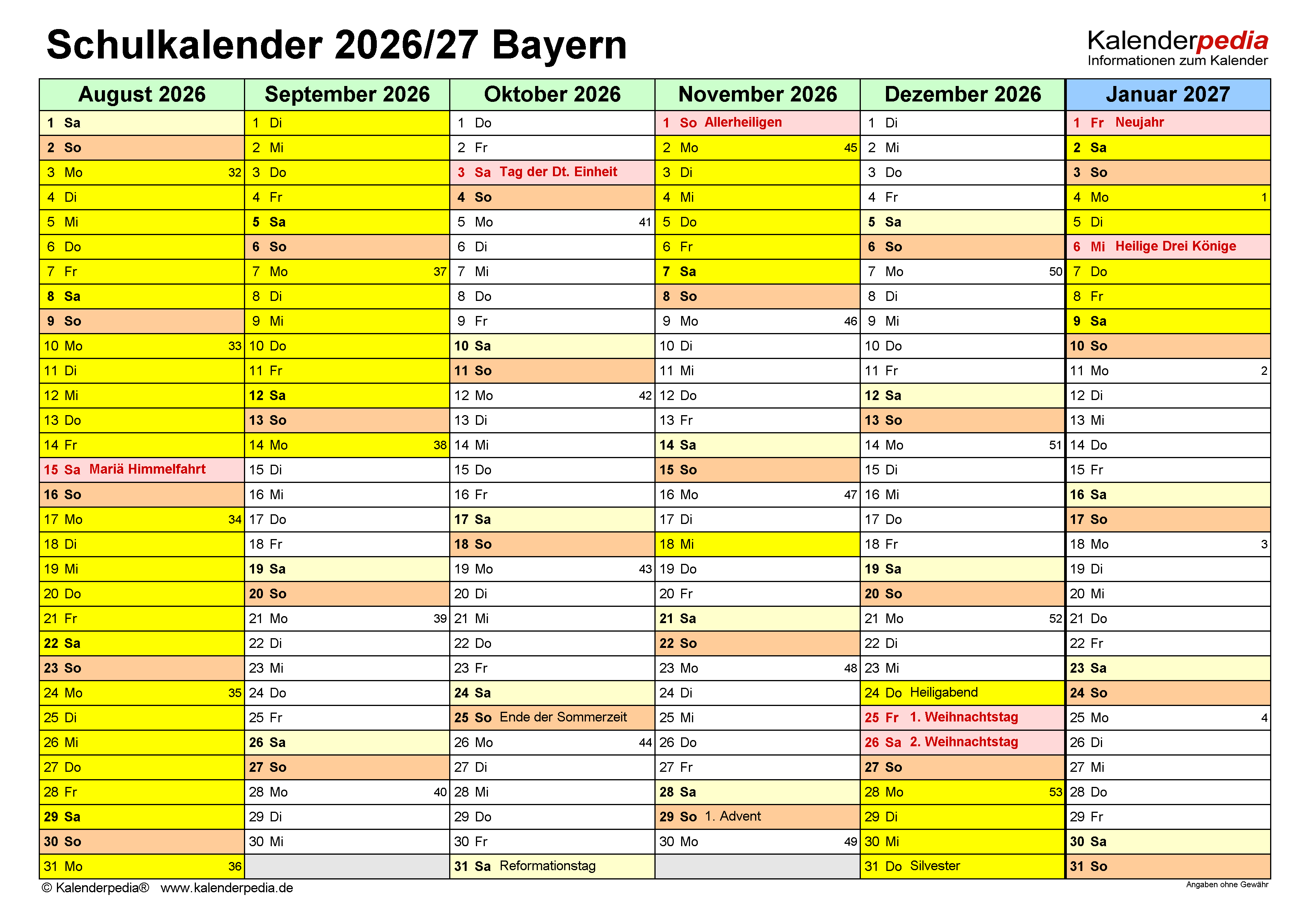  Schulkalender 2026/2027 Bayern für Excel Bildidee 