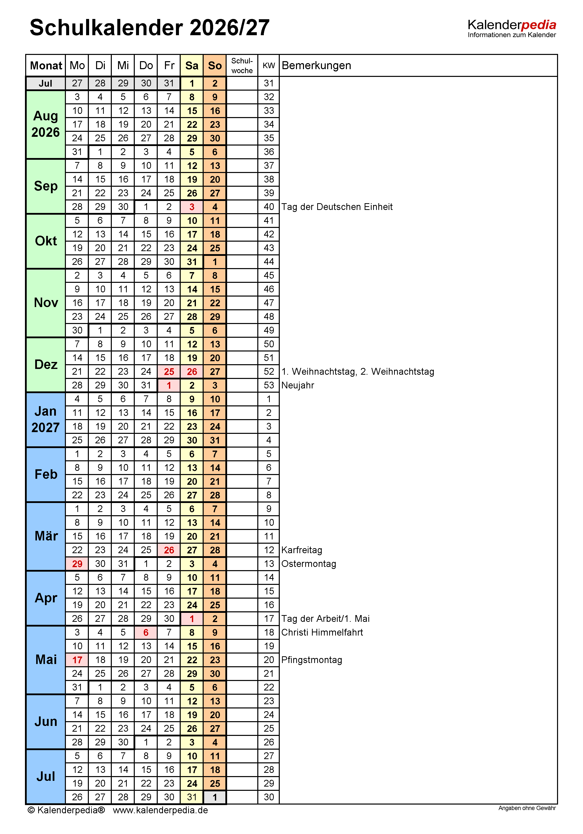  Schulkalender 2026/2027 als Excel-Vorlagen zum Ausdrucken 