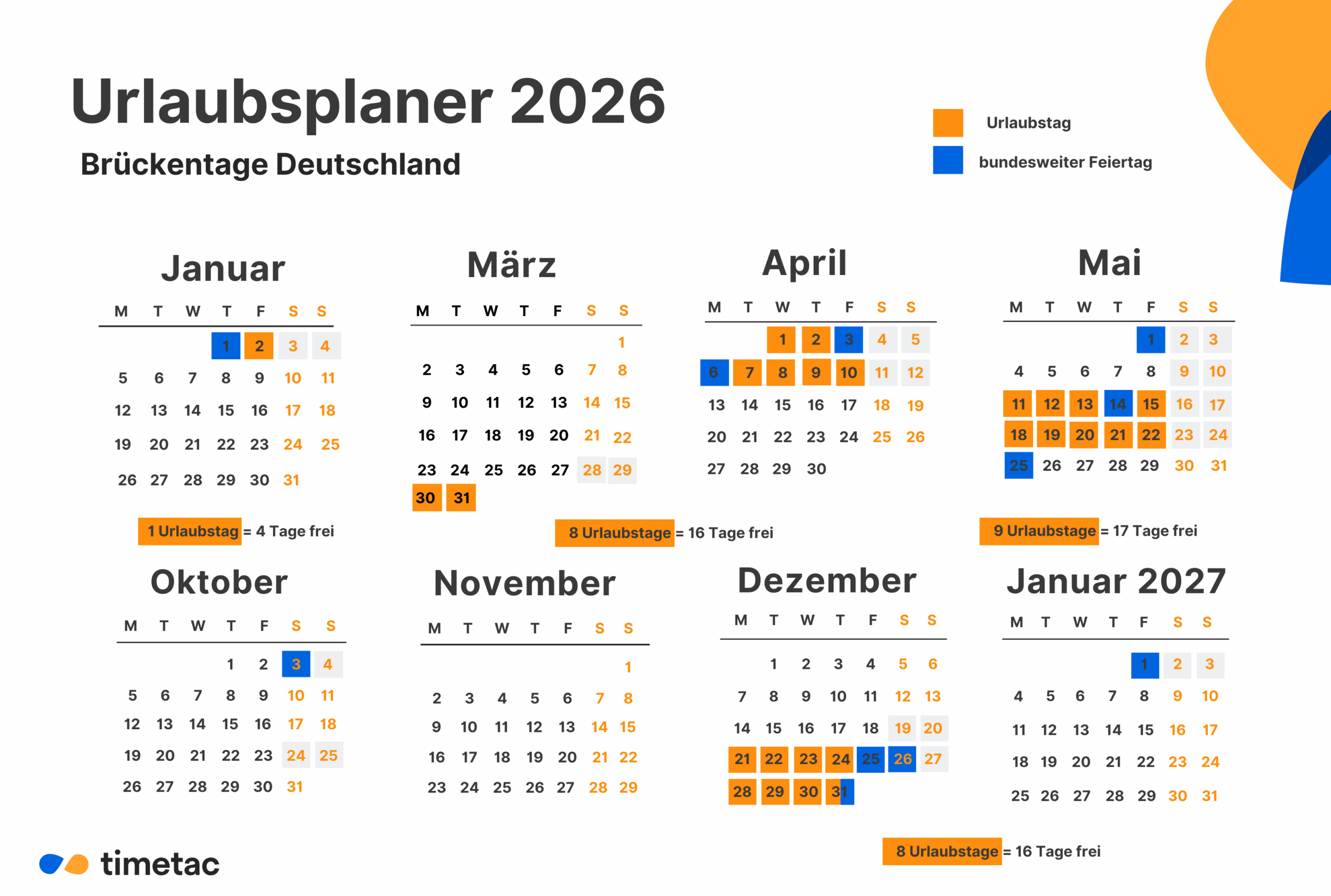 Urlaub 2026 Brückentage E & Z Jahresplaner 2026