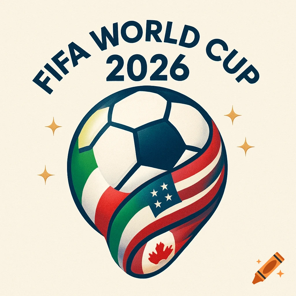  FIFA World Cup 2026 logo with a soccer ball wrapped in the flags of Motiv 