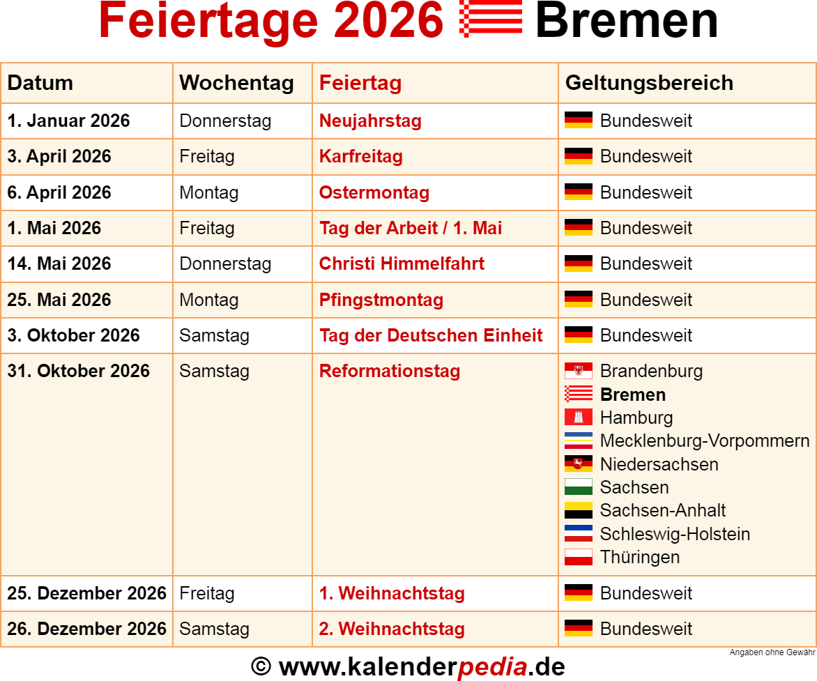  Feiertage Bremen 2026 - Kalenderpedia 