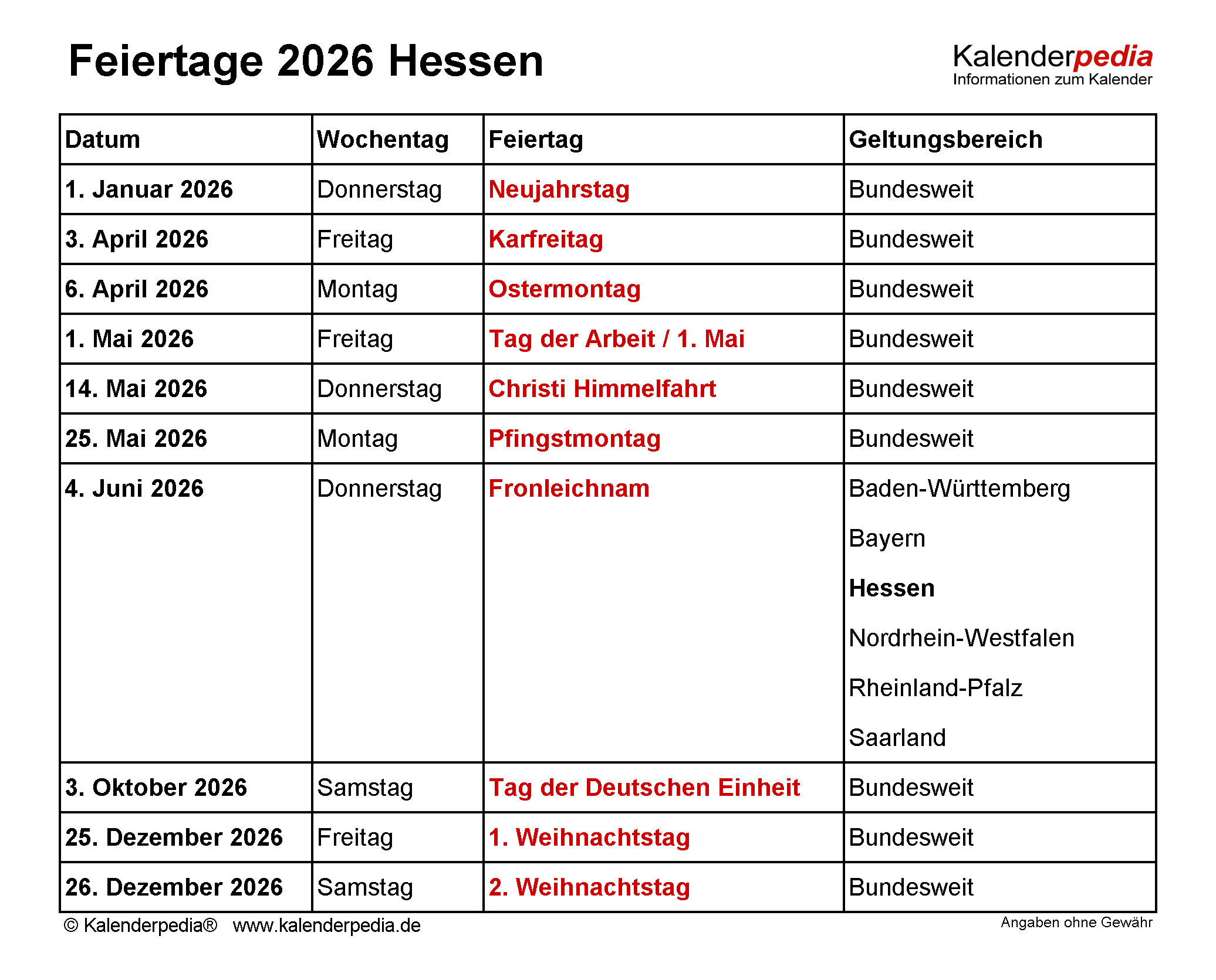 Foto zu Feiertage Hessen 2026 - Kalenderpedia 