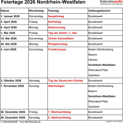  Feiertage Nordrhein-Westfalen (NRW) 2026 - Kalenderpedia 