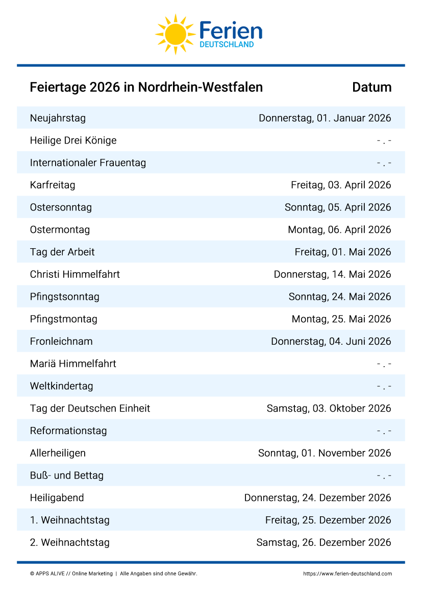  Foto zu Feiertage NRW Nordrhein-Westfalen 2024, 2025, 2026, 2027, 2028, 2029 