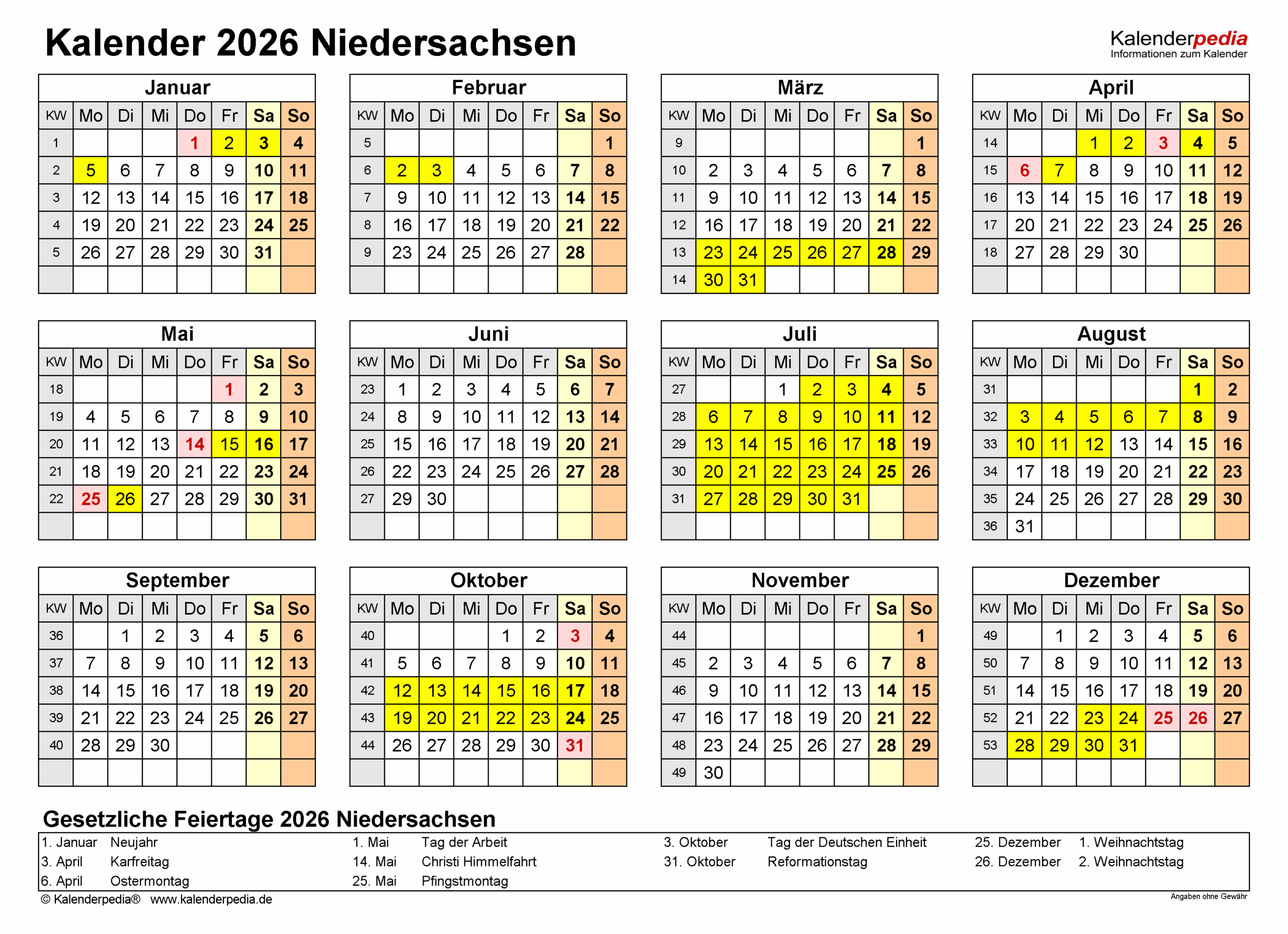 Wann Sind Sommerferien 2026 In Niedersachsen Kalender 2026 niedersachsen: Ferien, Feiertage, Pdf-vorlagen