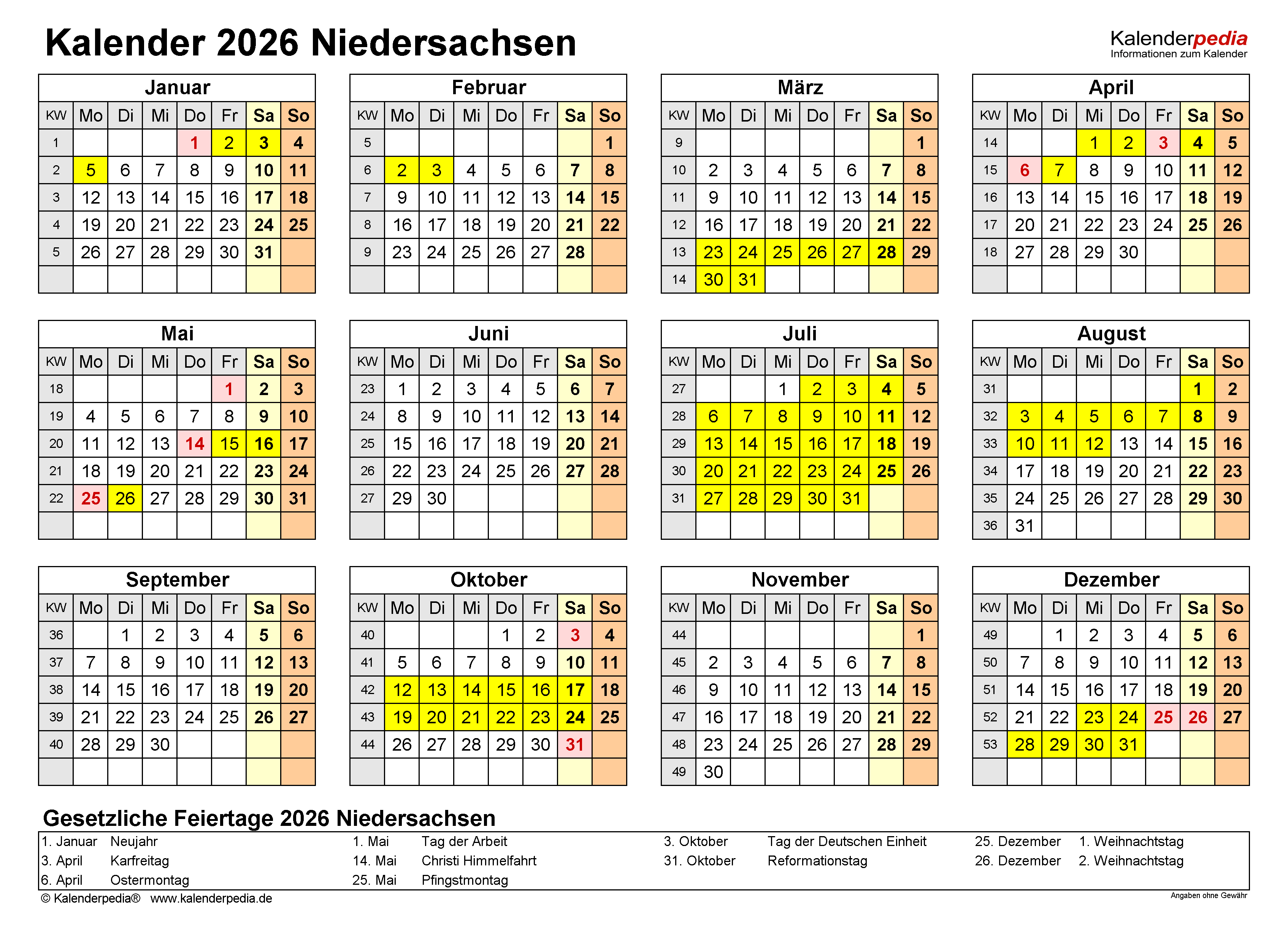  Kalender 2026 Niedersachsen: Ferien, Feiertage, PDF-Vorlagen Illustration 