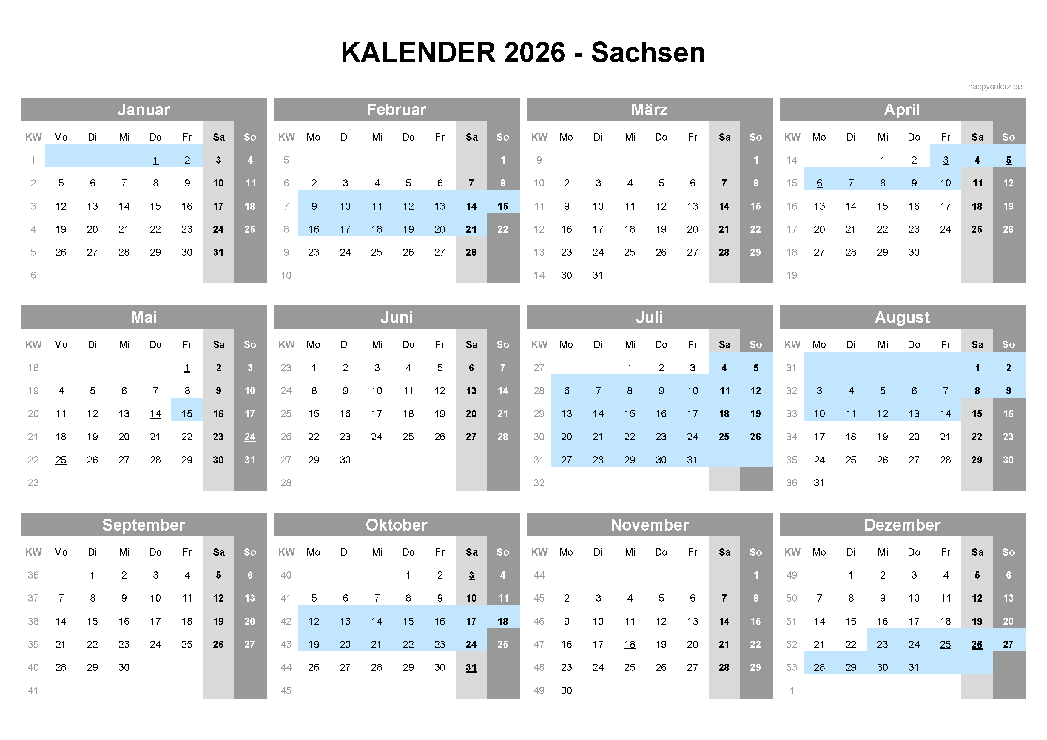 Kalender 2026 Sachsen kostenlos: Ferien-Übersicht, Feiertage, PDF Bildidee 