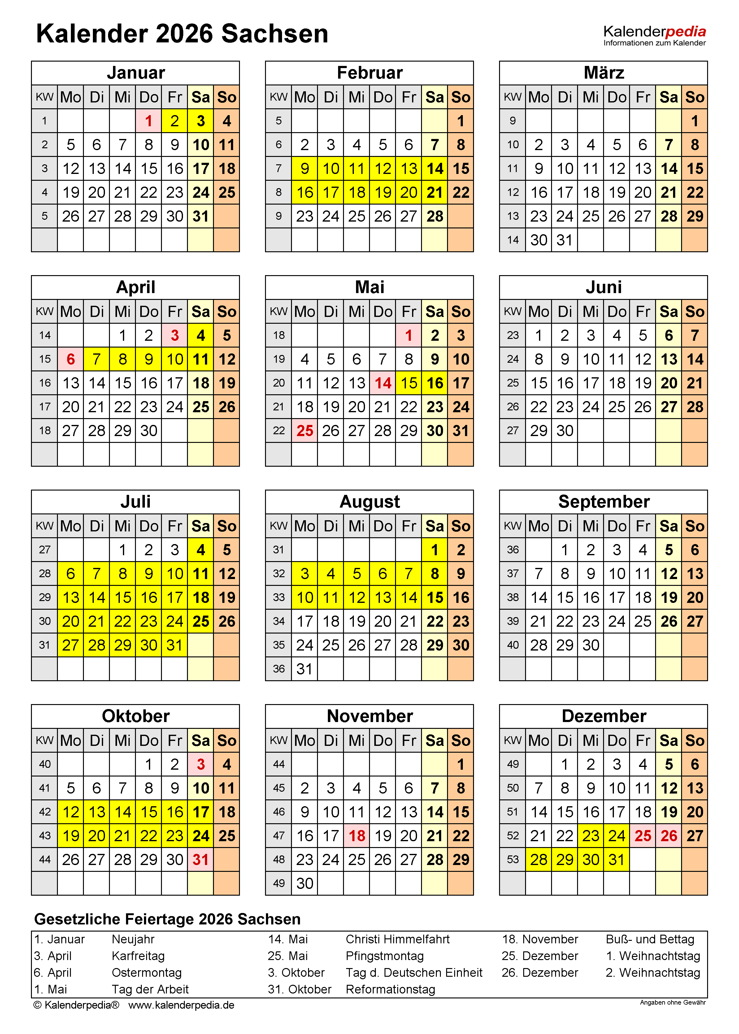  Kalender 2026 Sachsen: Ferien, Feiertage, Excel-Vorlagen 
