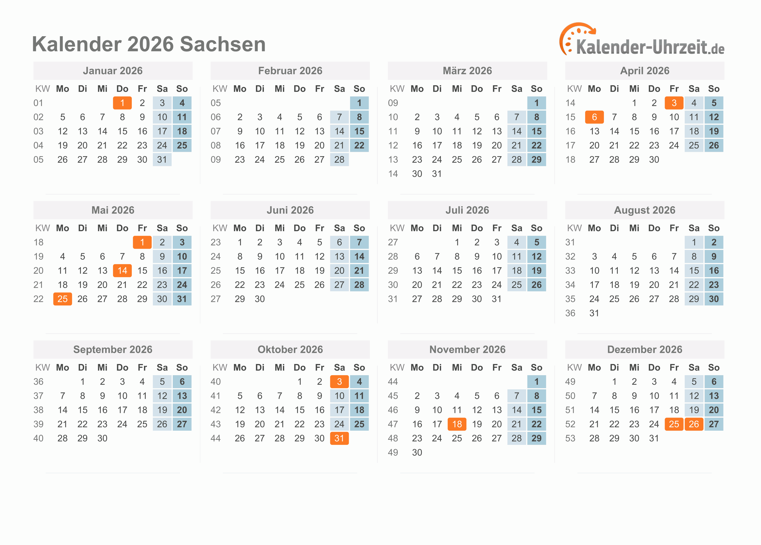  Feiertage 2026 Sachsen + Kalender Bildidee 