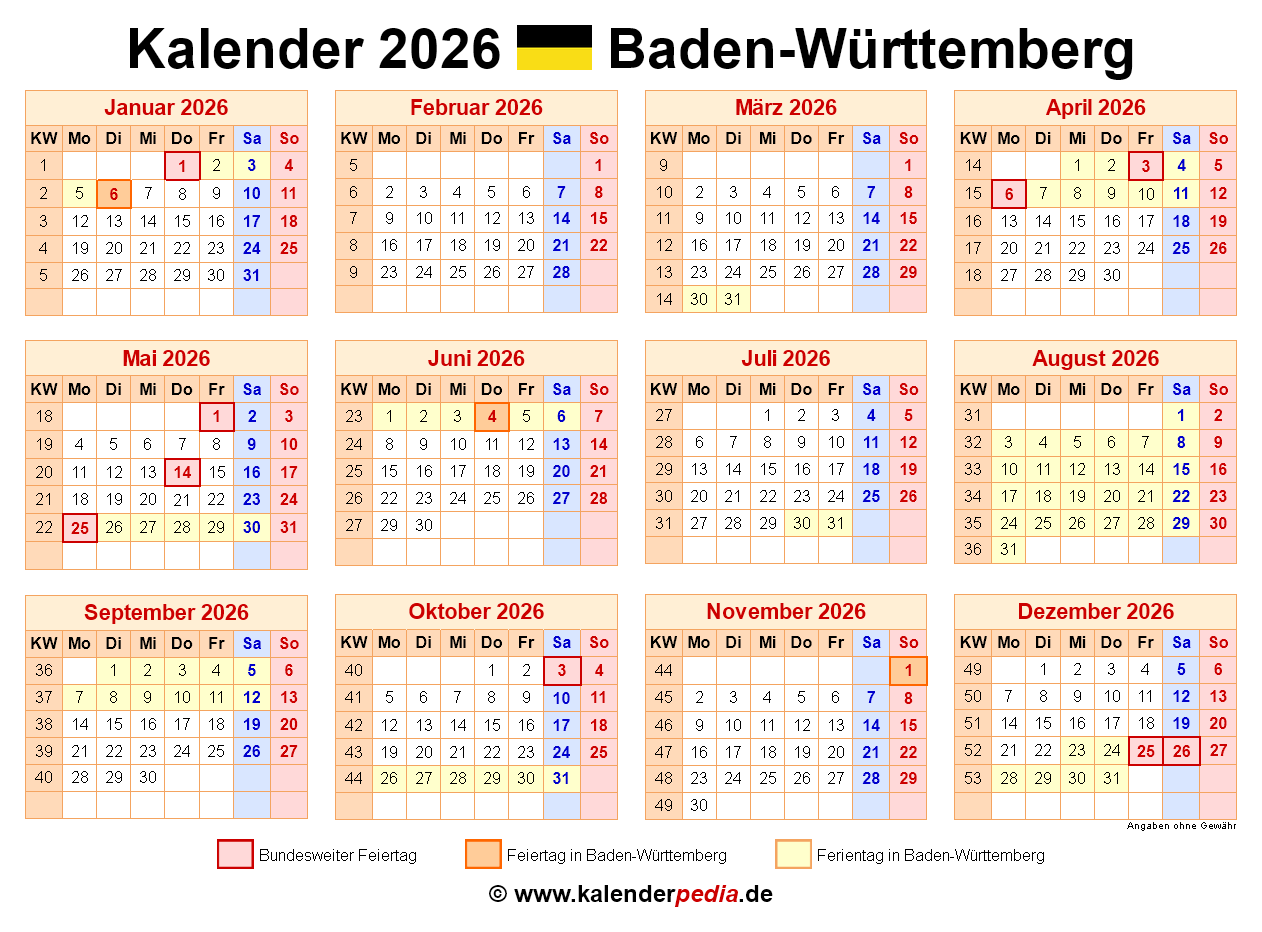  Kalender 2026 Baden-Württemberg: Word-Vorlagen mit Ferien 