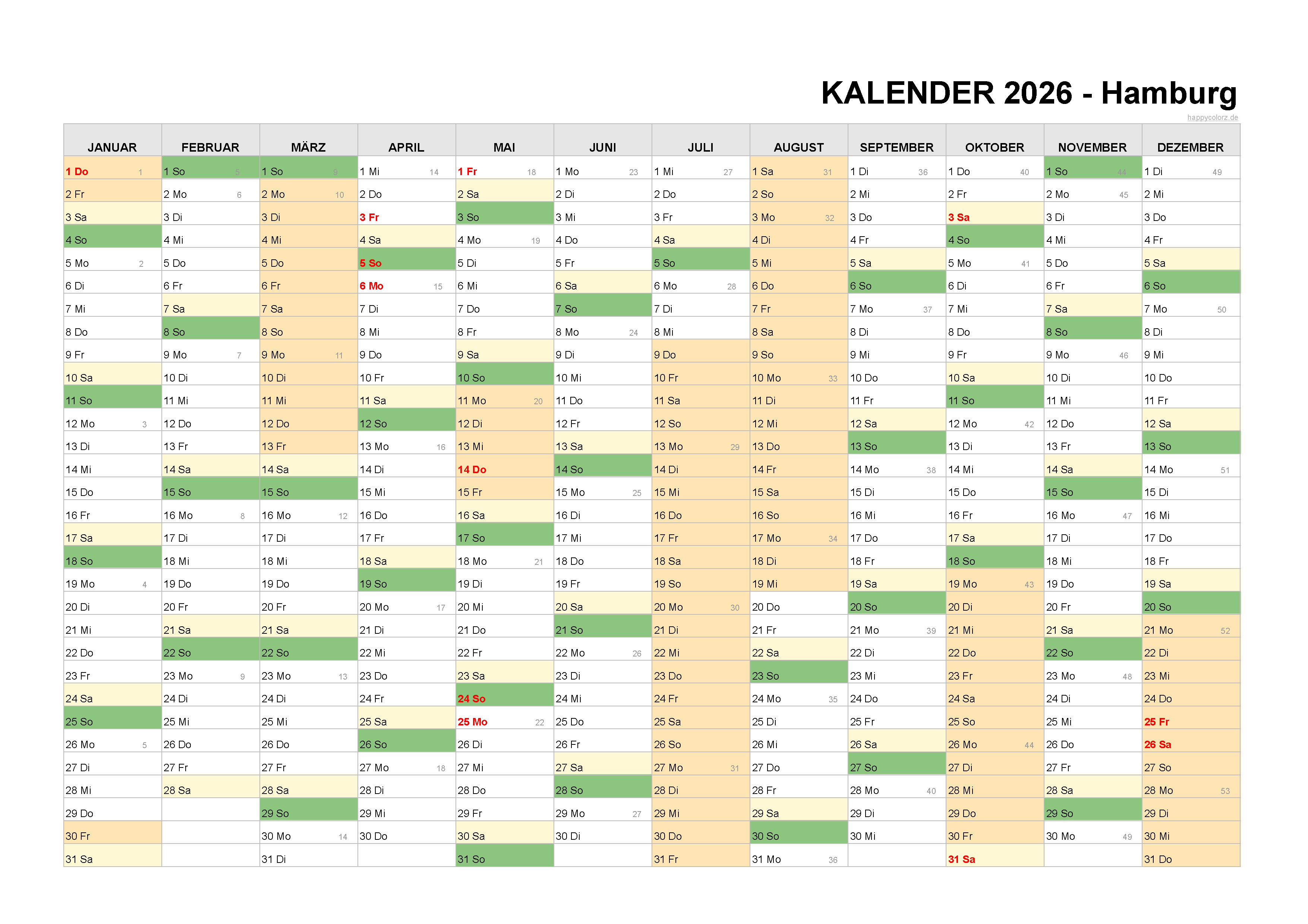  Kalender 2026 Hamburg kostenlos: Ferien-Übersicht, Feiertage, PDF Bildidee 