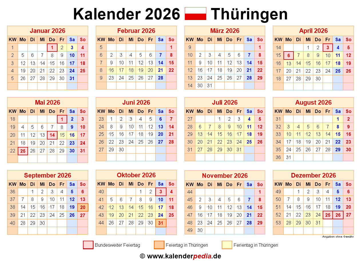  Foto zu Kalender 2026 Thüringen: Ferien, Feiertage, PDF-Vorlagen 