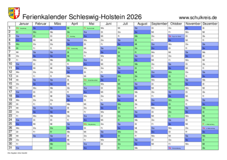  Schulferien-Kalender Schleswig-Holstein SH 2026 mit Feiertagen und Ferien 