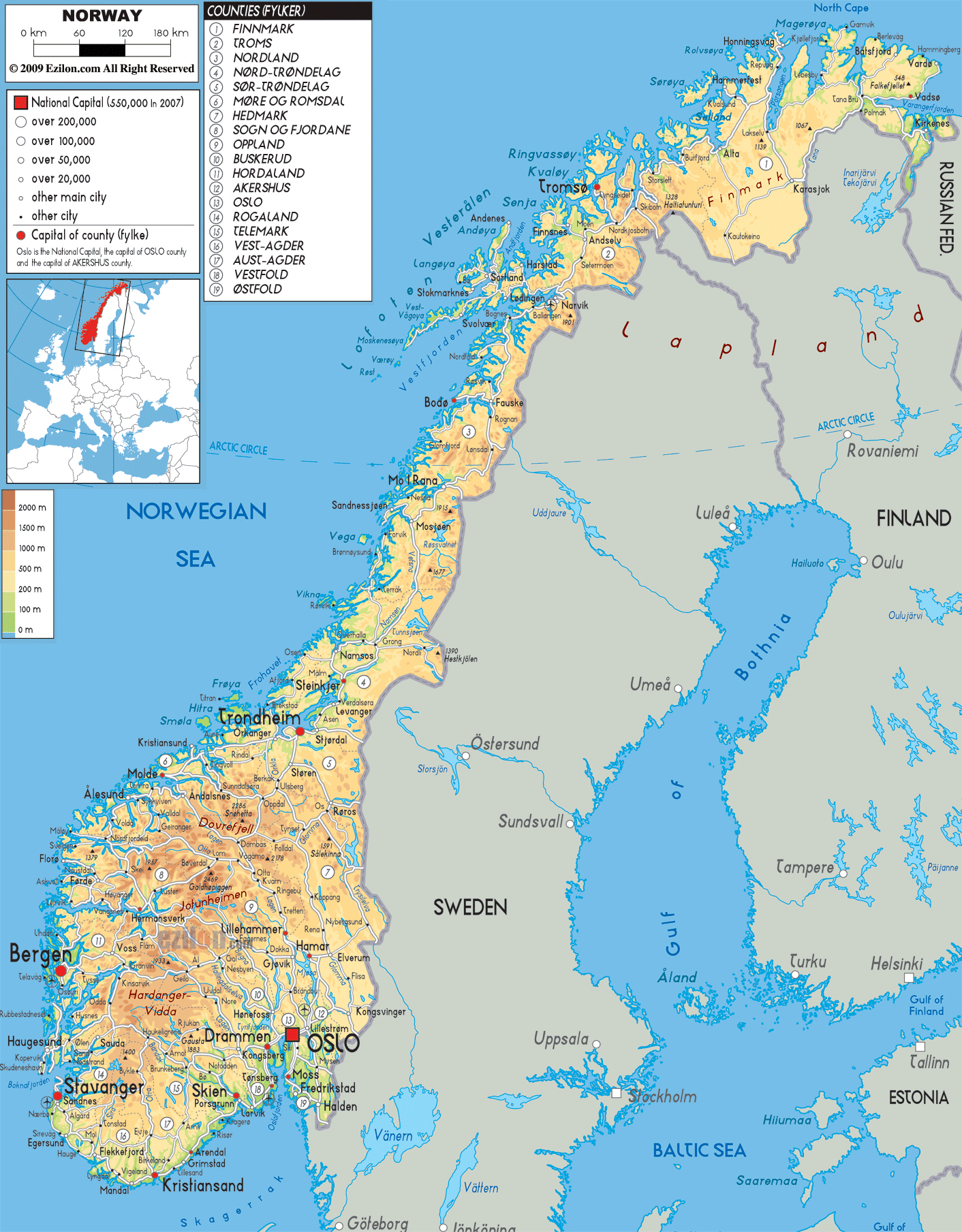  Large detailed physical map of Norway with all roads, cities and Illustration 