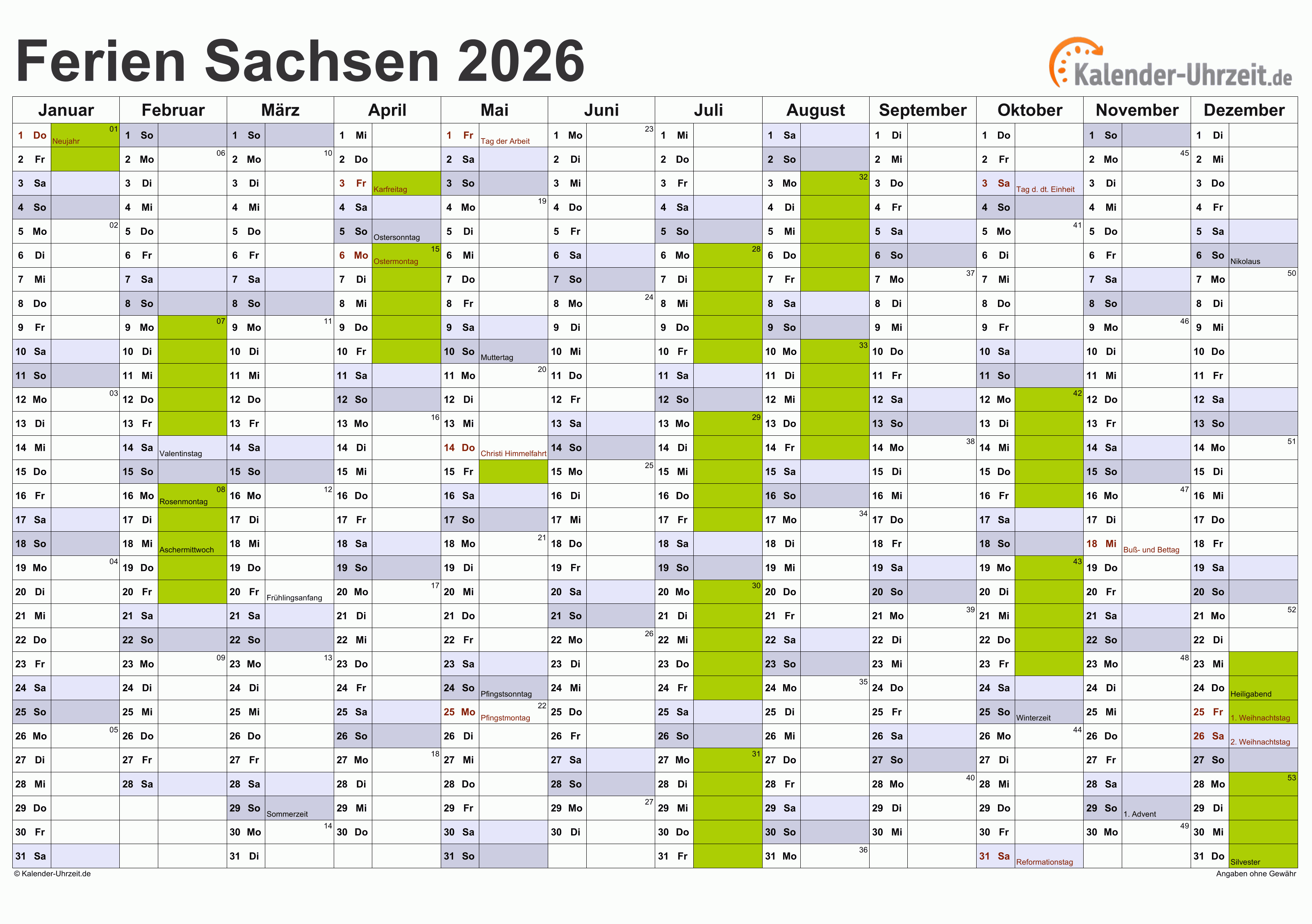 Ferien Sachsen 2026 - Ferienkalender zum Ausdrucken Bildidee 