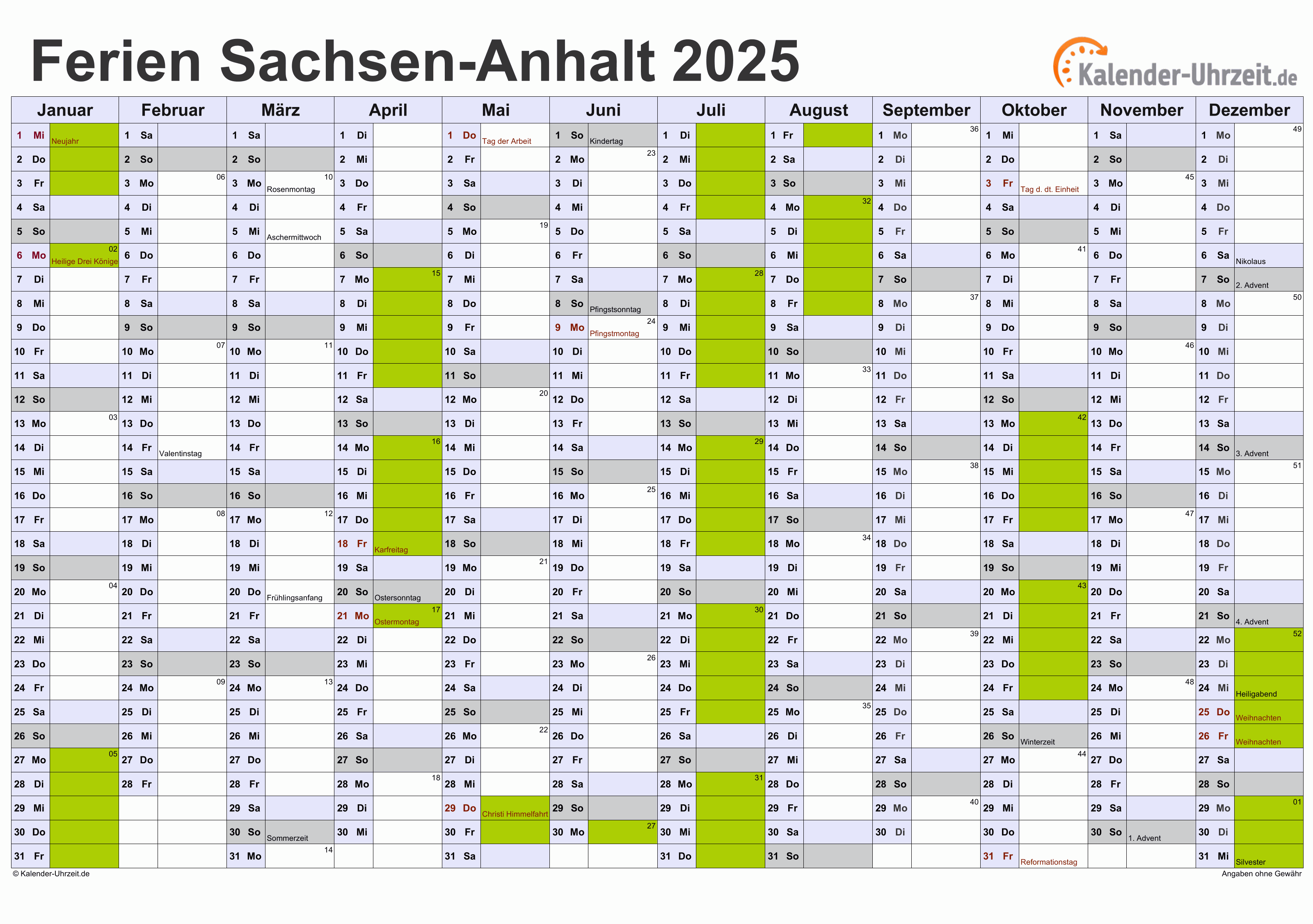  Ferien Sachsen-Anhalt 2025 - Ferienkalender zum Ausdrucken Motiv 