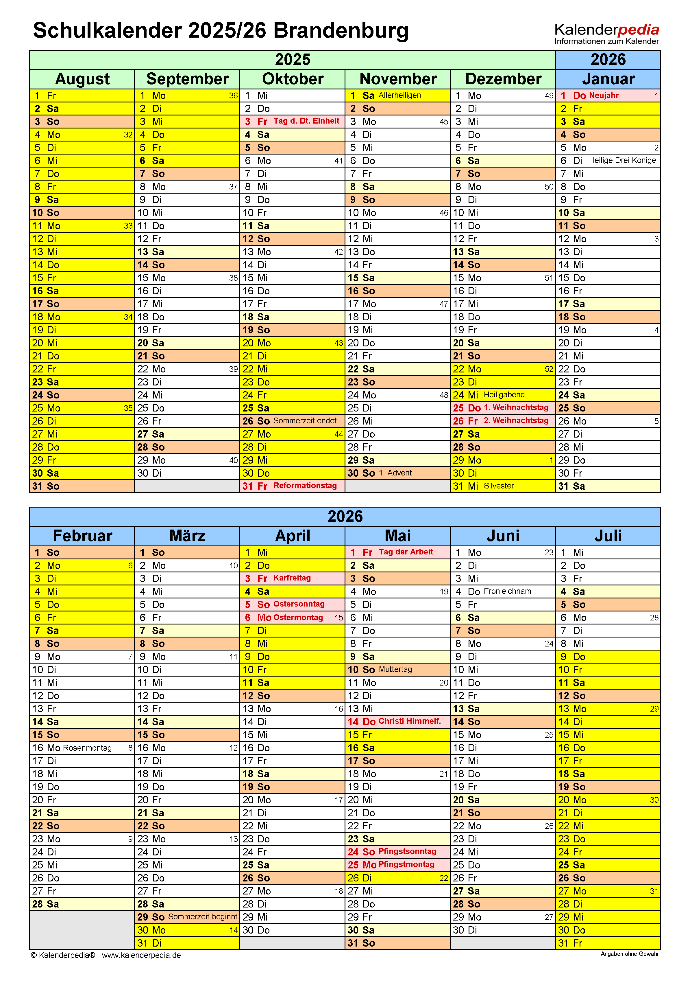  Schulkalender 2025/2026 Brandenburg für Excel Bildidee 