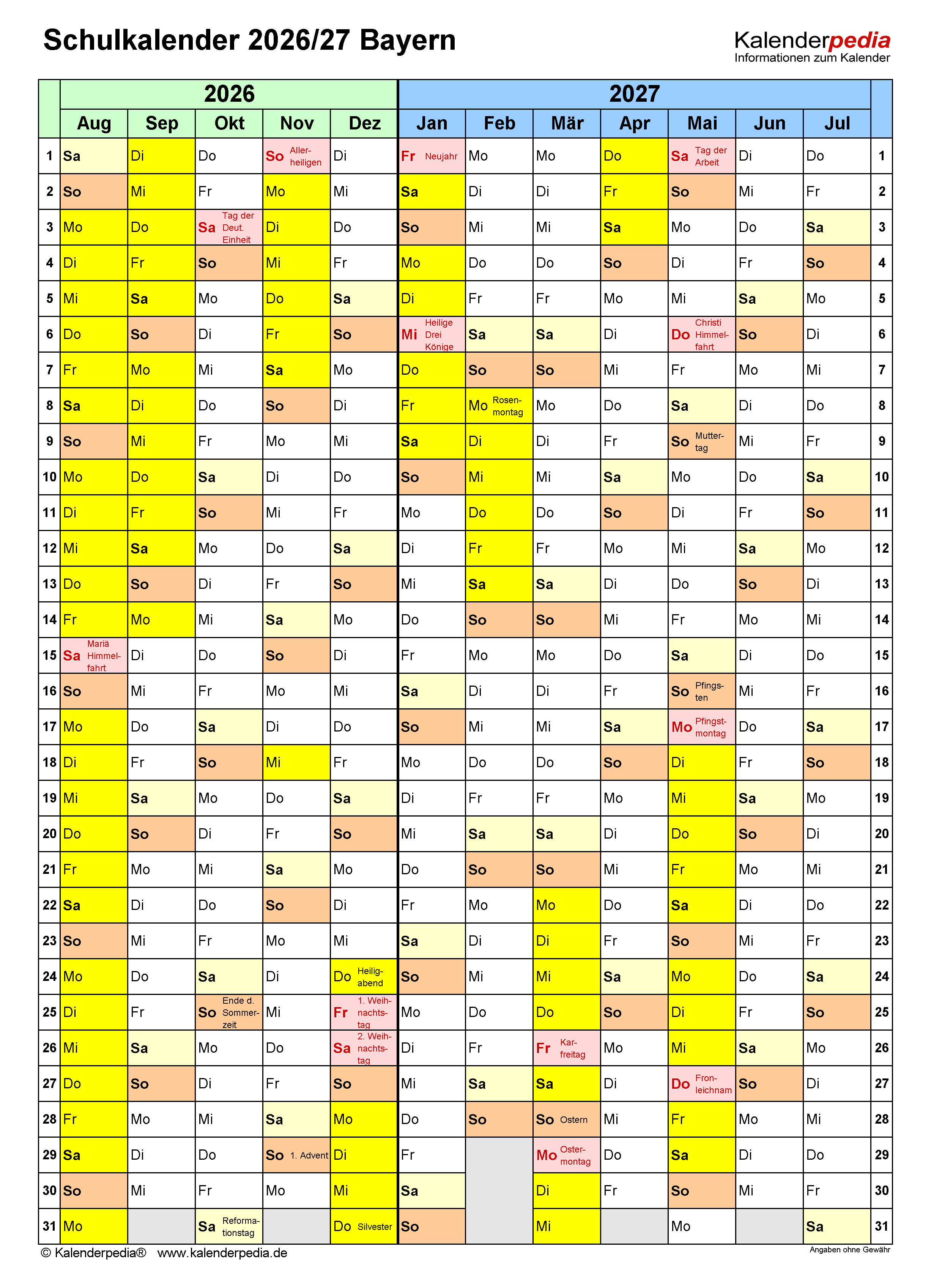  Foto zu Schulkalender 2026/2027 Bayern für Excel 