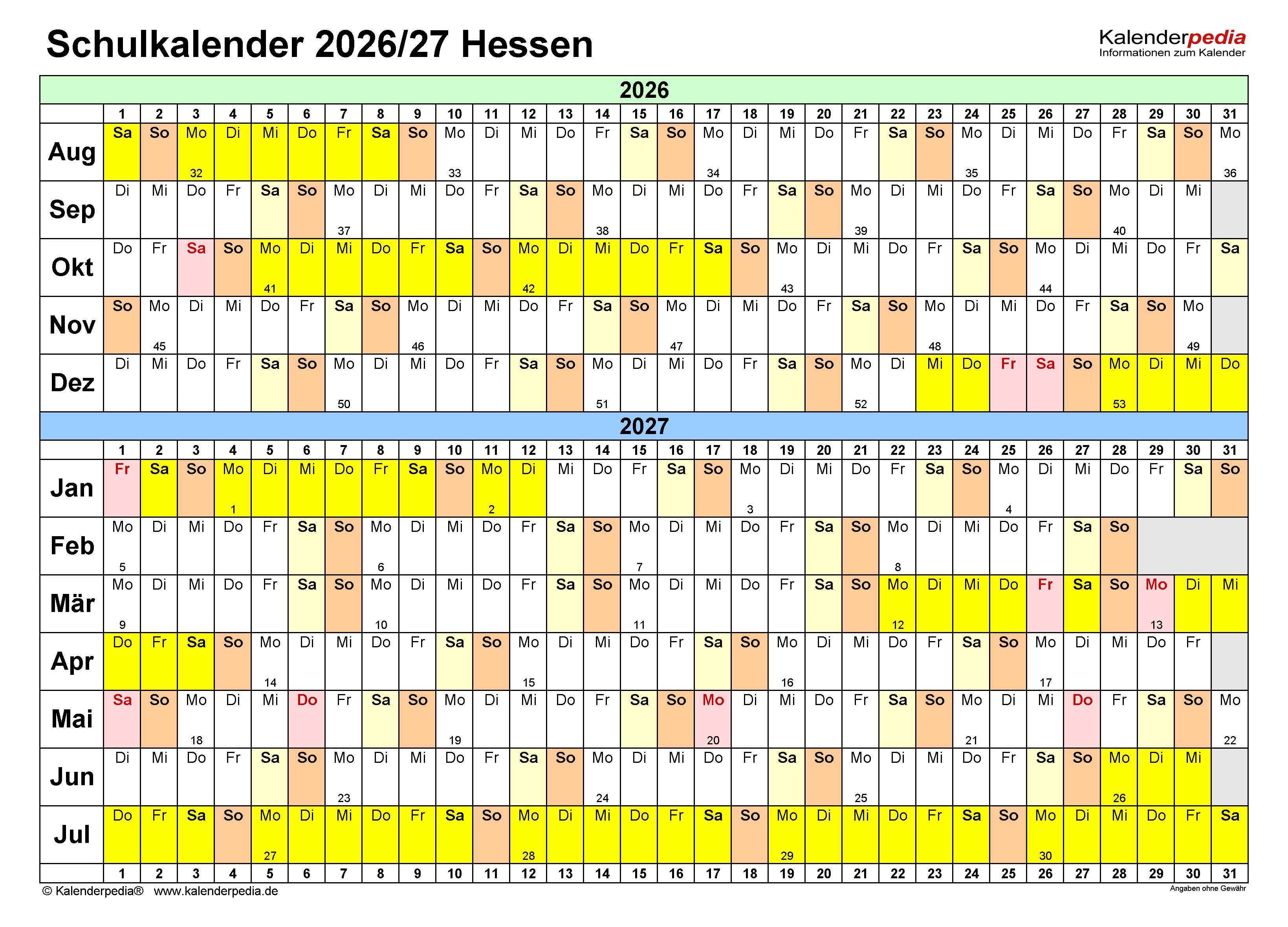  Foto zu Schulkalender 2026/2027 Hessen für PDF 