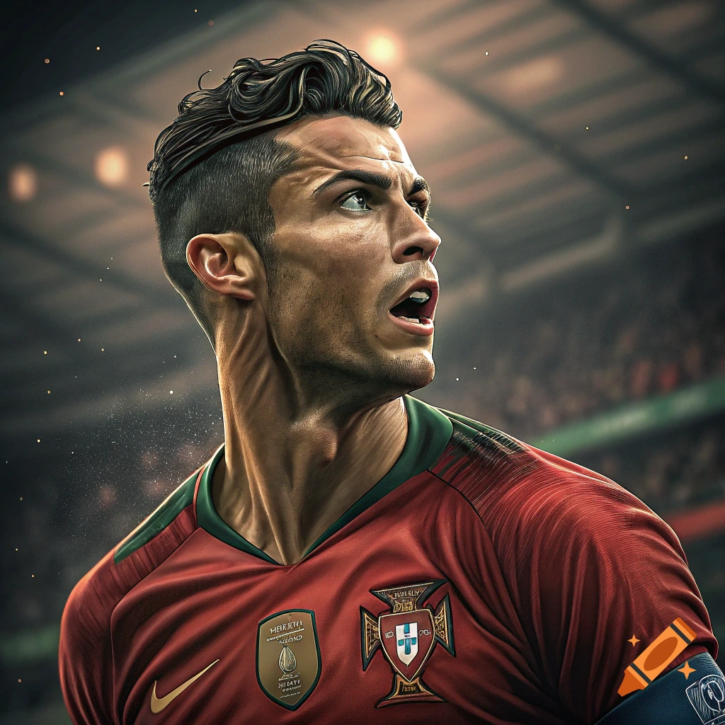  Close-up photorealistic portrait of Cristiano Ronaldo in a red Portugal Bildidee 