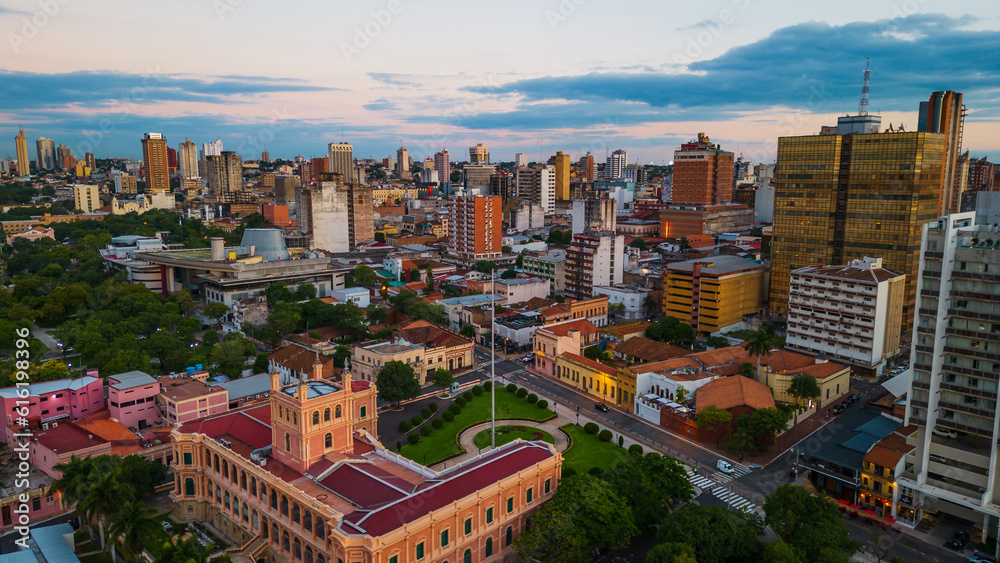  Aerial Panoramic View of Asuncion Paraguay City, Cityscape and Sunset Illustration 