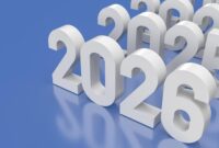 Jubiläum 2026 Happy New Year 2026. Golden 3d Numbers With Ribbons And Conf