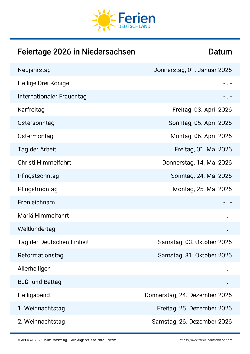 Feiertage Niedersachsen 2026 Brückentage Feiertage Niedersachsen 2024, 2025, 2026, 2027, 2028, 2029: Alle