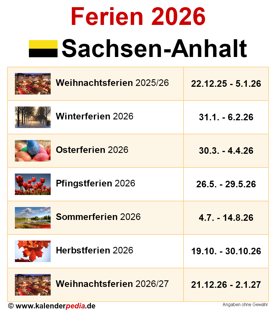  Ferien Sachsen-Anhalt 2026 - Übersicht der Ferientermine Illustration 
