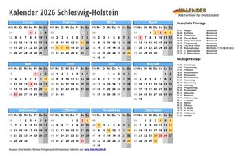  Kalender 2026 Schleswig-Holstein mit Feiertagen 