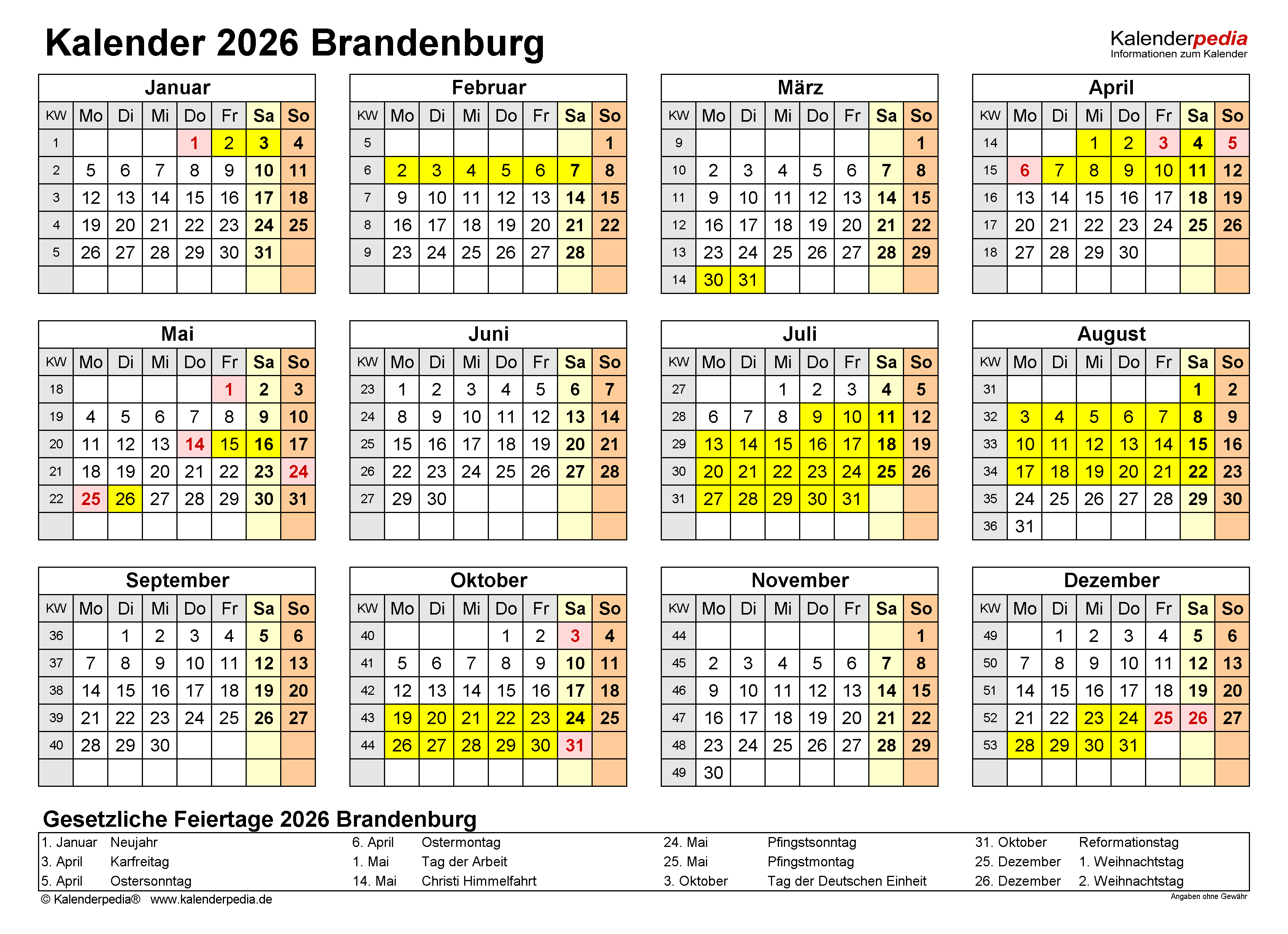  Kalender 2026 Brandenburg: Ferien, Feiertage, PDF-Vorlagen 