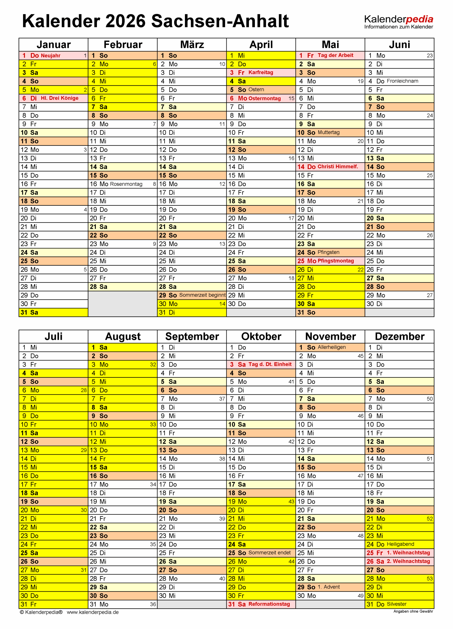 Ferienkalender 2026 Sachsen Anhalt Kalender 2026 sachsen-anhalt: Ferien, Feiertage, Excel-vorlagen