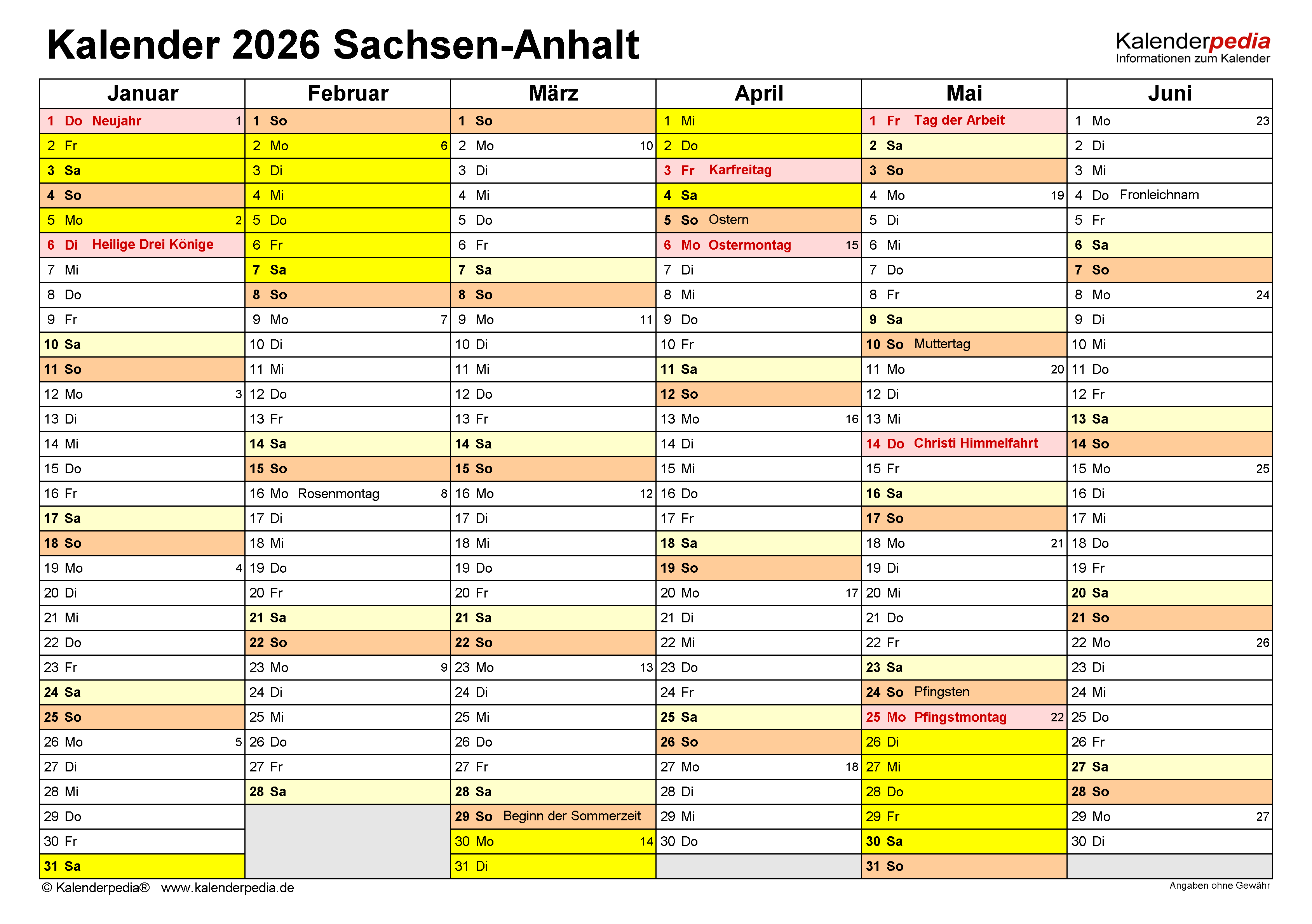  Kalender 2026 Sachsen-Anhalt: Ferien, Feiertage, Excel-Vorlagen Bildidee 