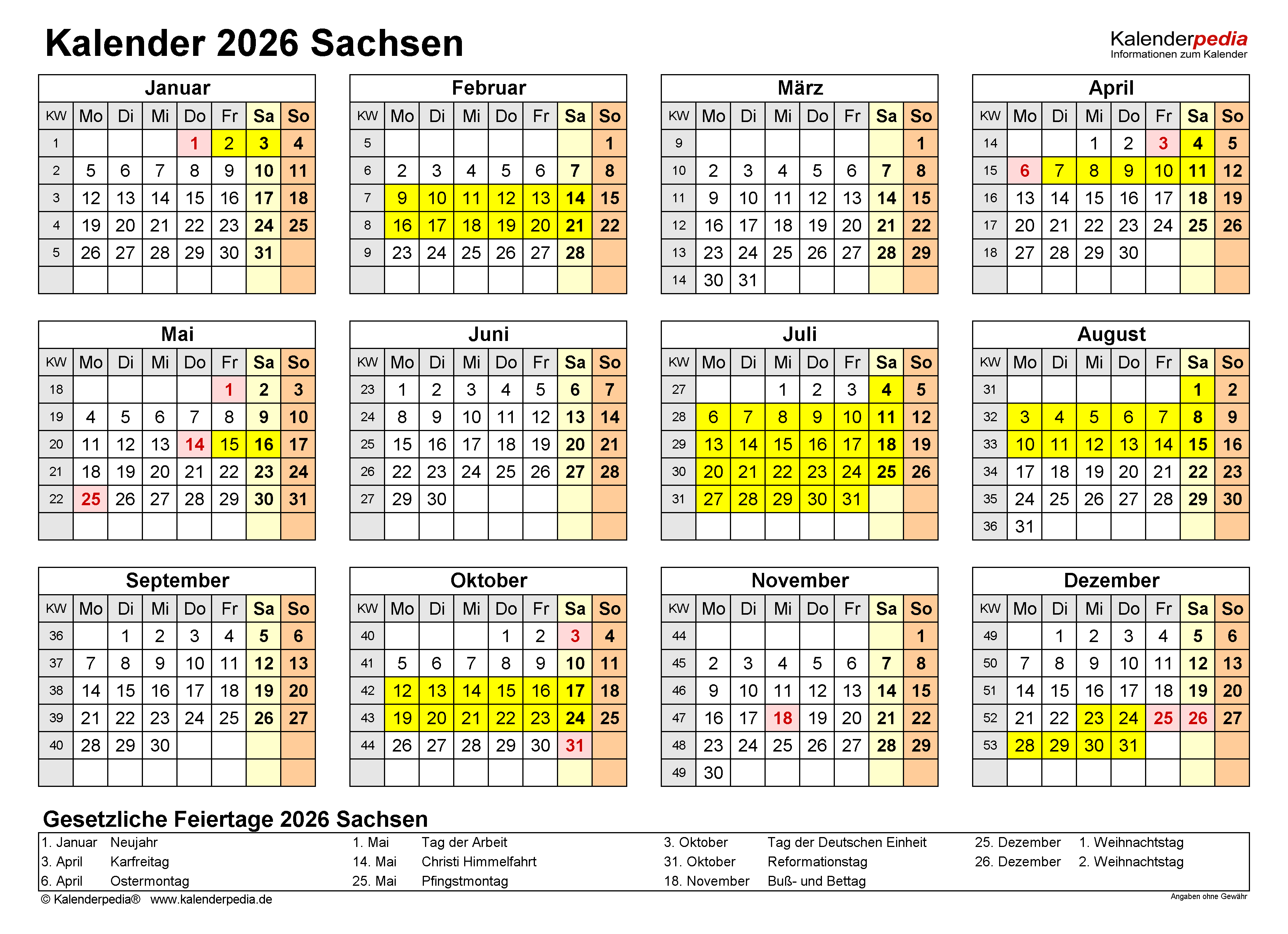  Foto zu Kalender 2026 Sachsen: Ferien, Feiertage, PDF-Vorlagen 