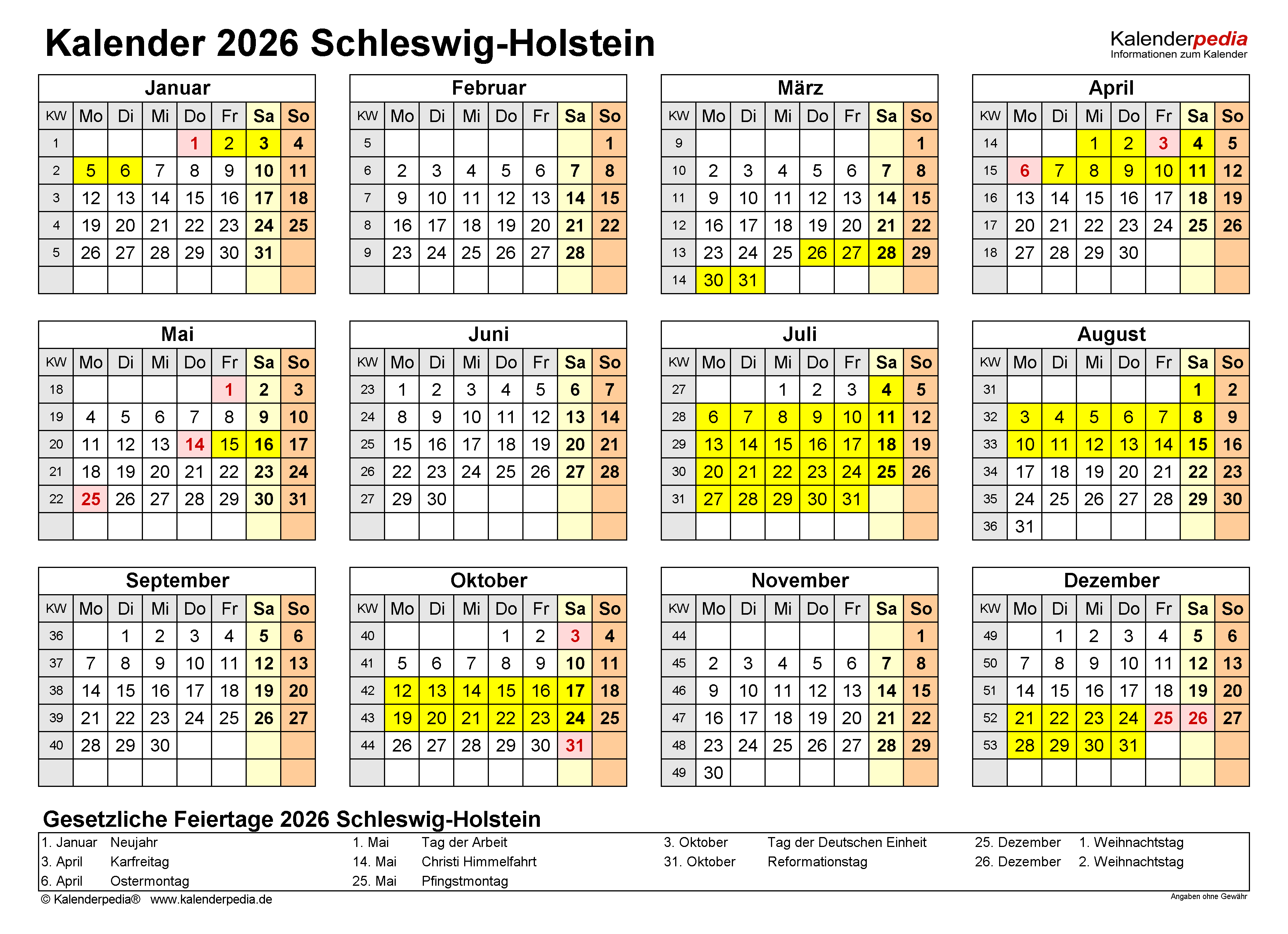  Kalender 2026 Schleswig-Holstein: PDF-Vorlagen mit Ferien 