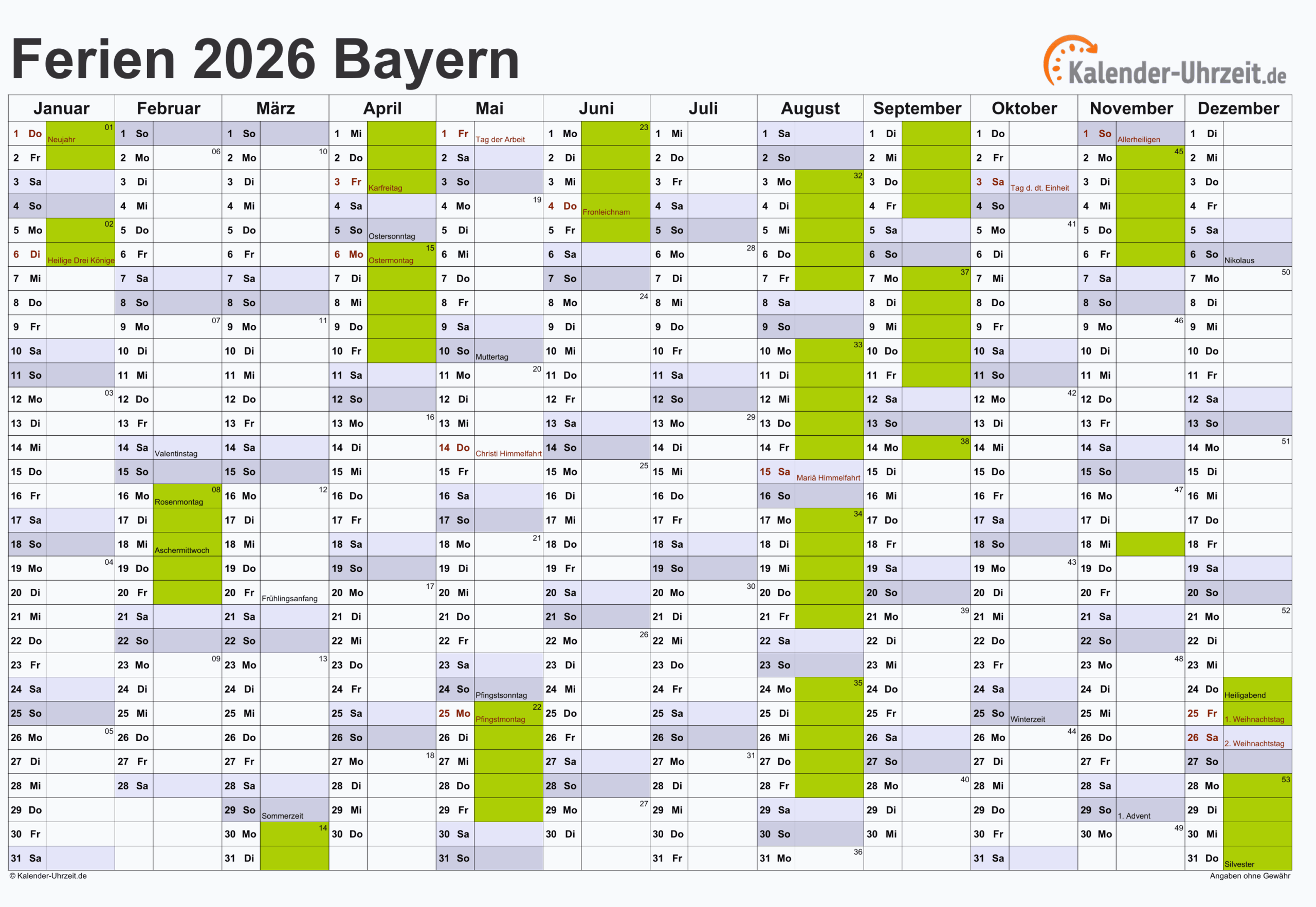 Ferientermine Bayern 2026 Kalender 2026 + Ferien bayern, Feiertage
