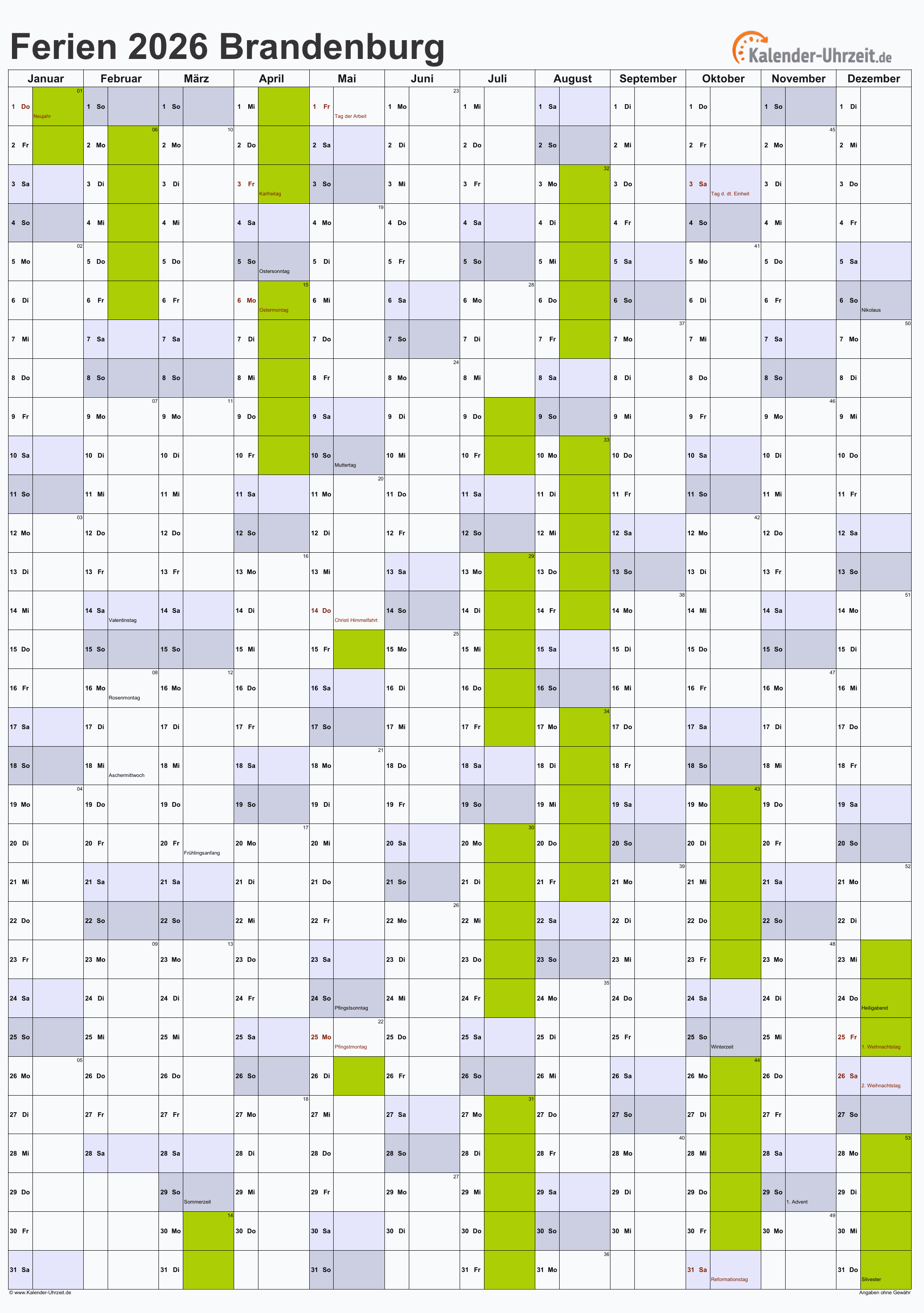  Ferien Brandenburg 2026 - Ferienkalender zum Ausdrucken 