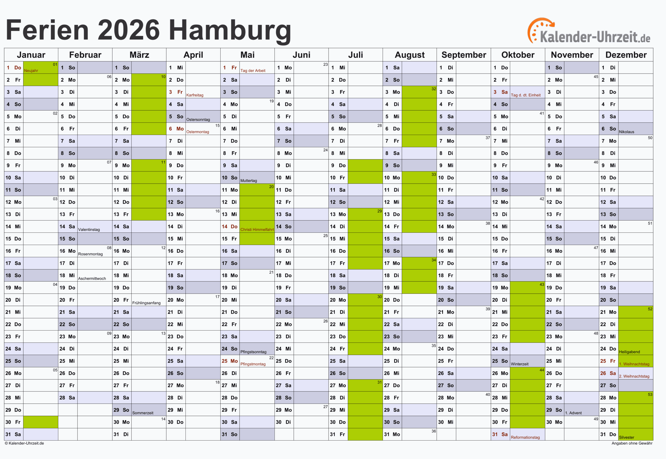 Feiertage 2026 Hamburg Kalender 2026 + Ferien hamburg, feiertage