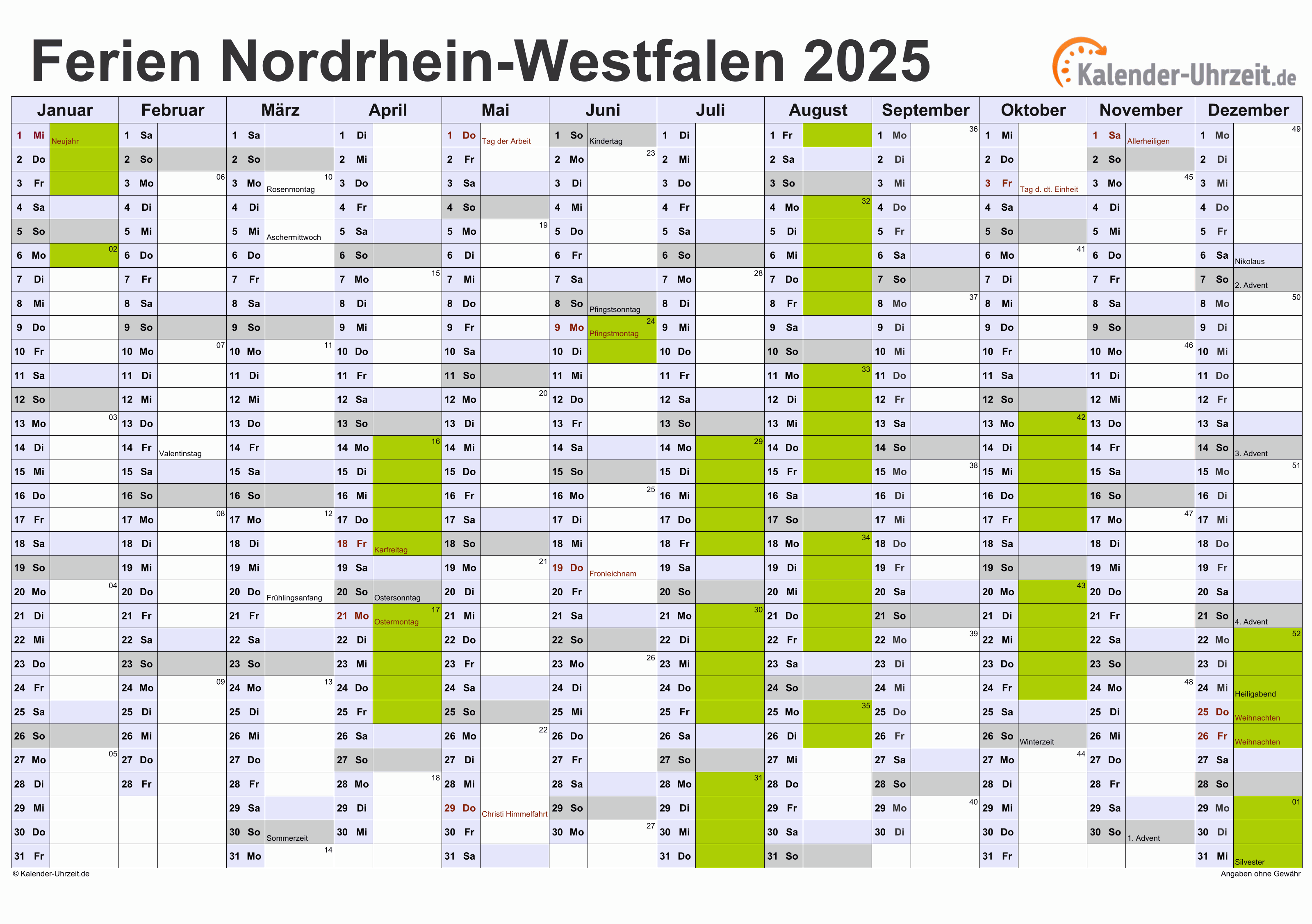  Ferien Nordrhein-Westfalen 2025 - Ferienkalender zum Ausdrucken Illustration 