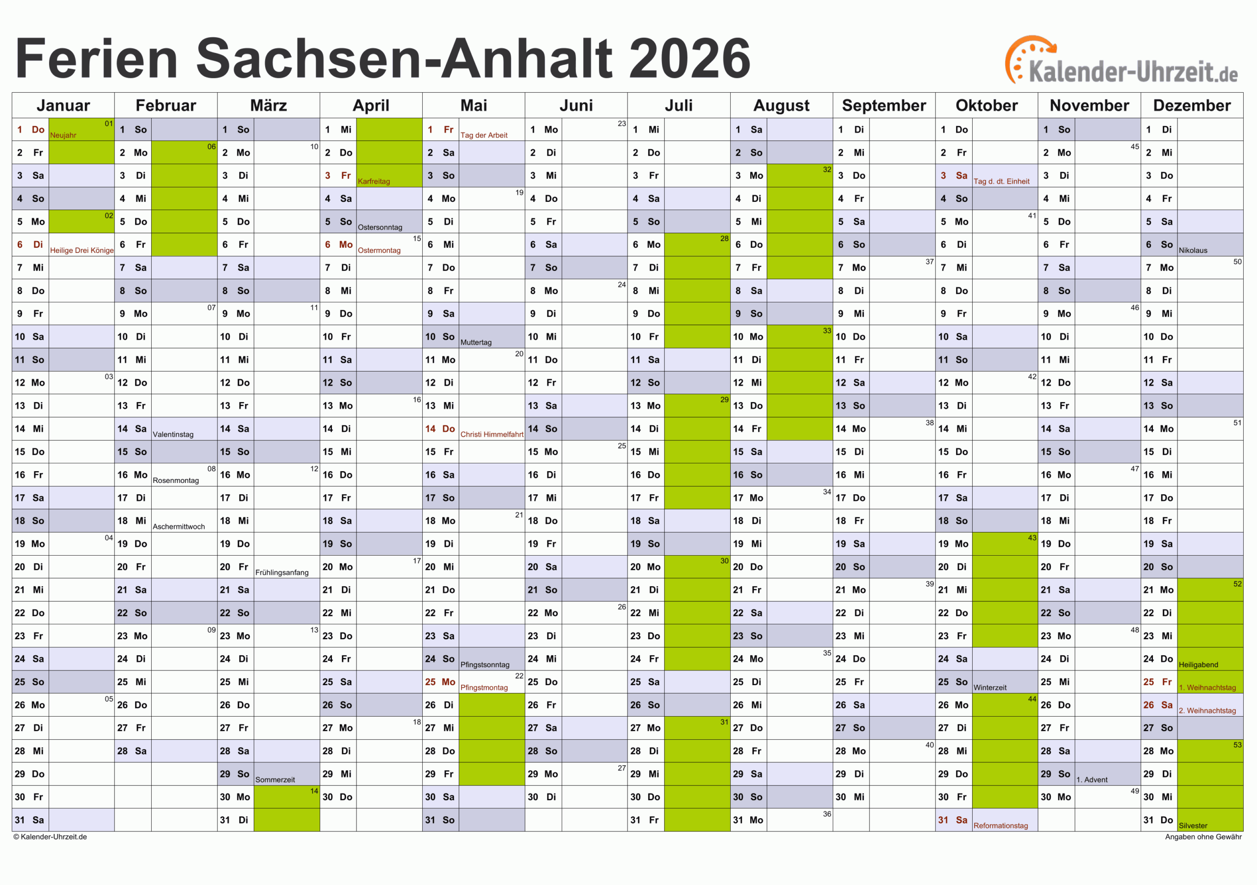 Kalender 2026 Mit Ferien Sachsen Anhalt Zum Ausdrucken Feiertage 2026 sachsen-anhalt + kalender
