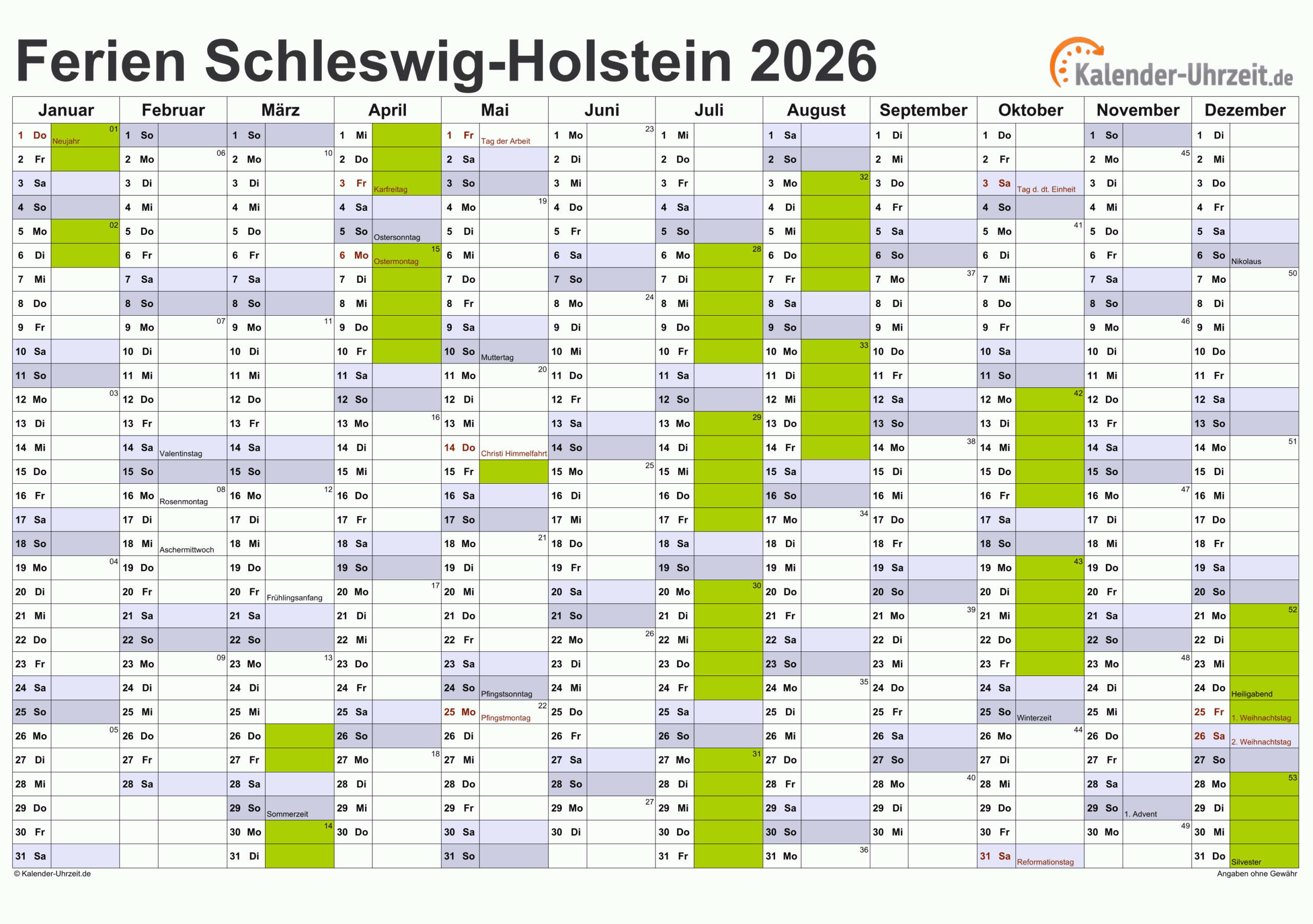 Schleswig Holstein Sommerferien 2026 Kalender 2026 Schleswig-holstein: Pdf-vorlagen Mit Ferien