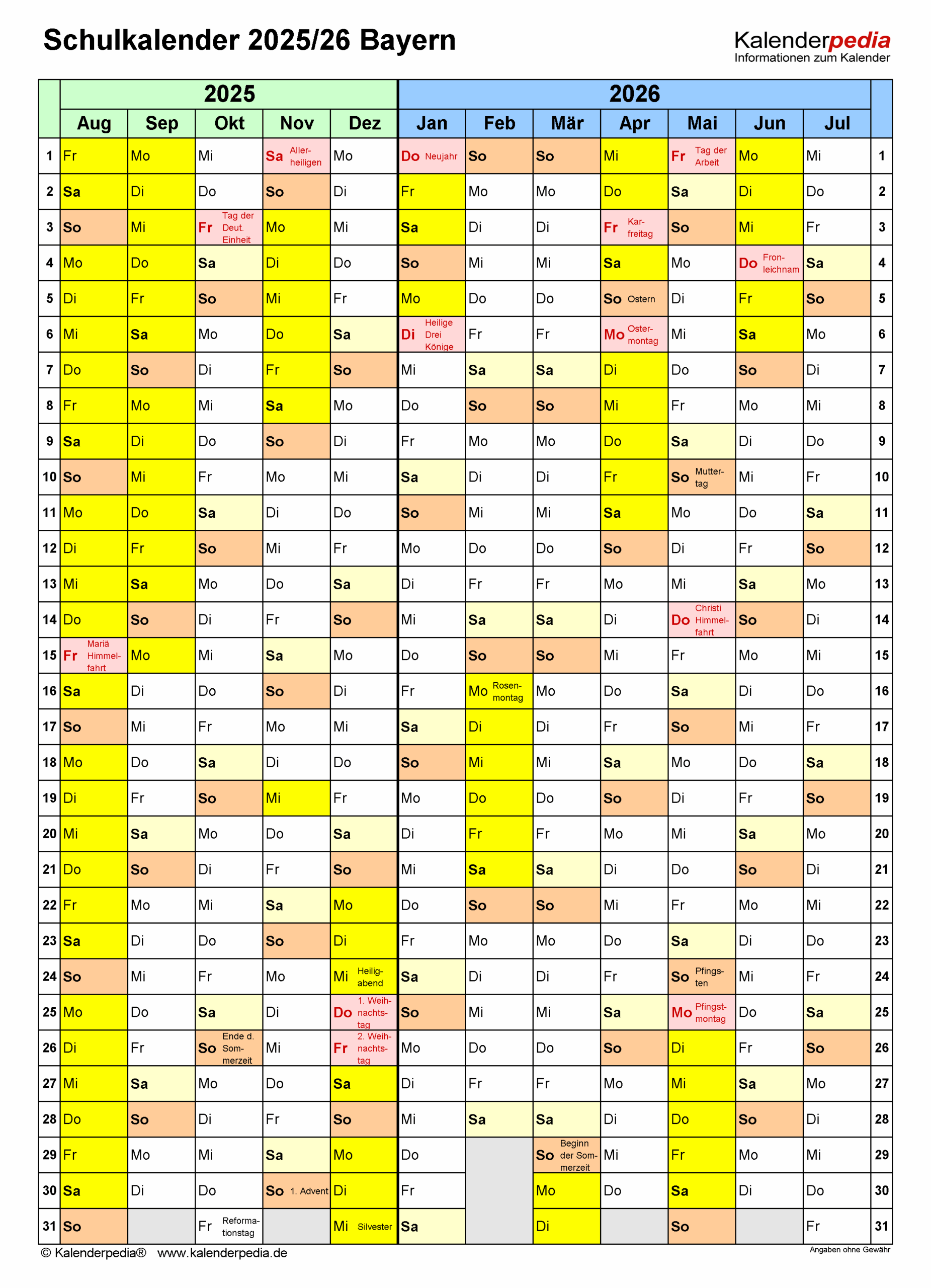 Schuljahr 2026 Schulkalender 2026/2027 Als Excel-vorlagen Zum Ausdrucken