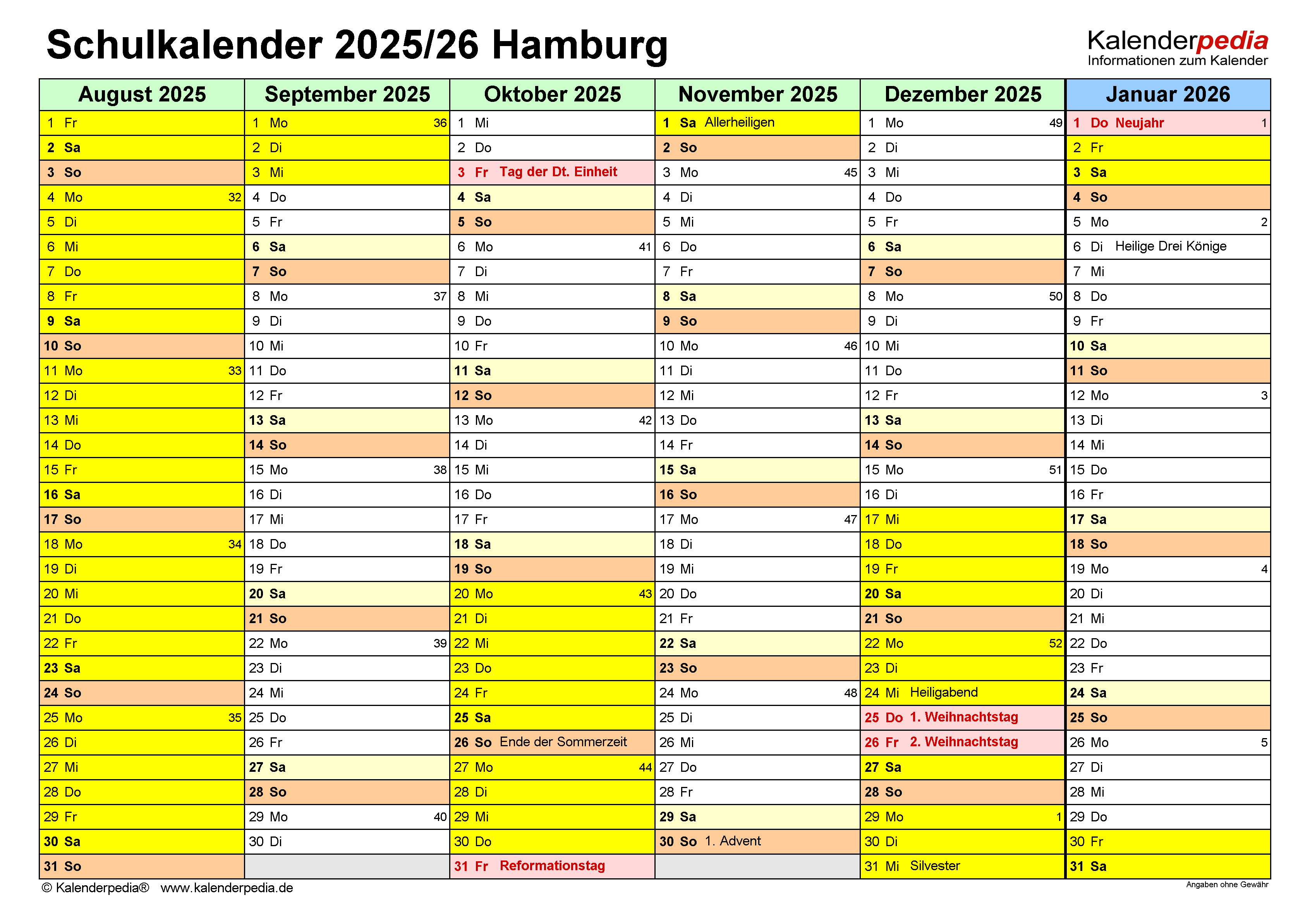  Schulkalender 2025/2026 Hamburg für PDF Bildidee 