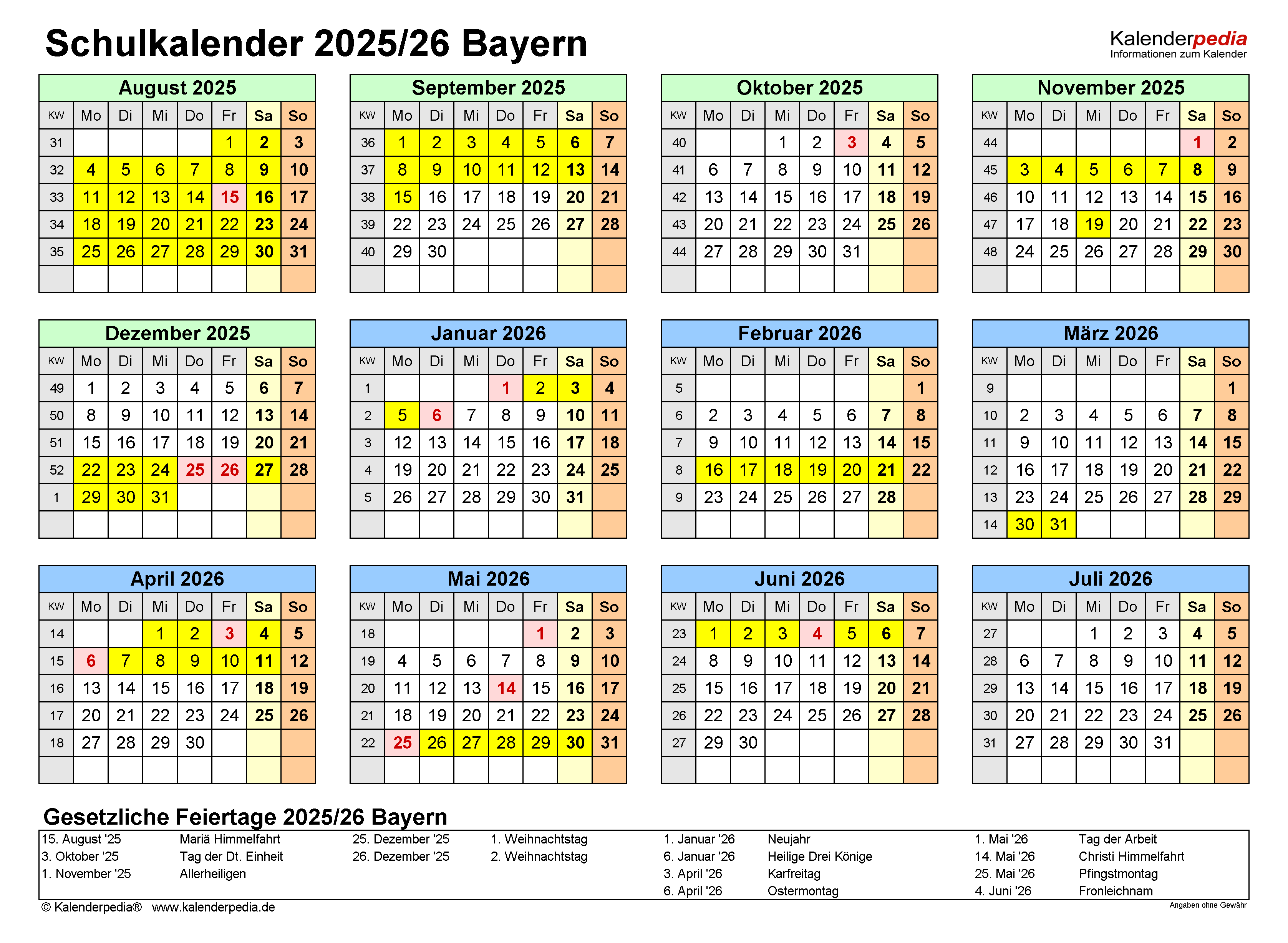  Schulkalender 2025/2026 Bayern für Excel Bildidee 