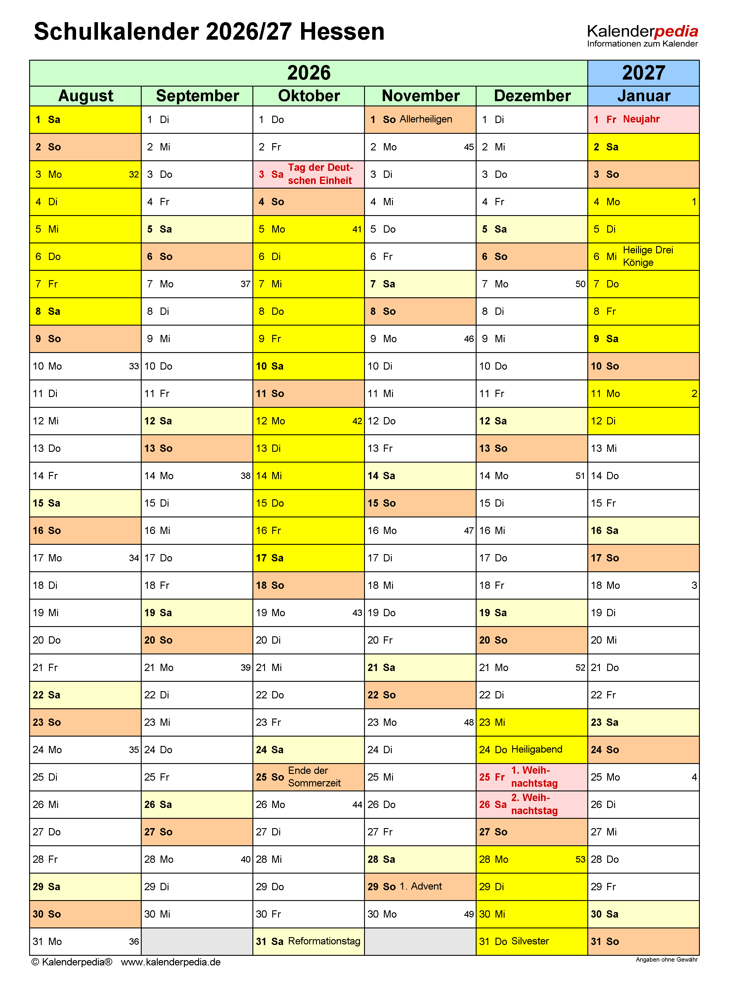  Schulkalender 2026/2027 Hessen für Excel Bildidee 