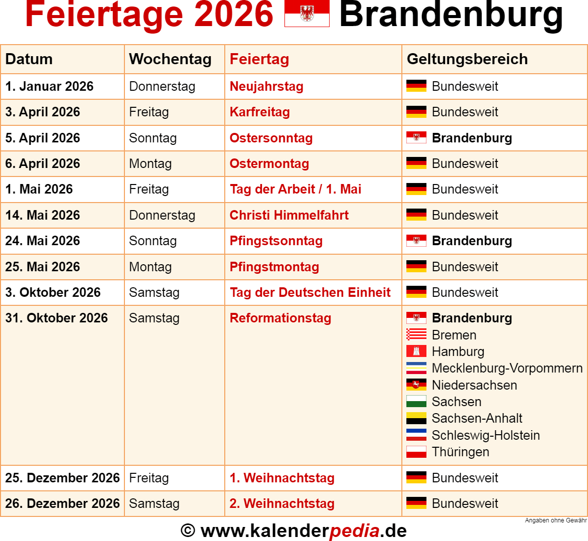 Feiertage Brandenburg 2026 - Kalenderpedia 