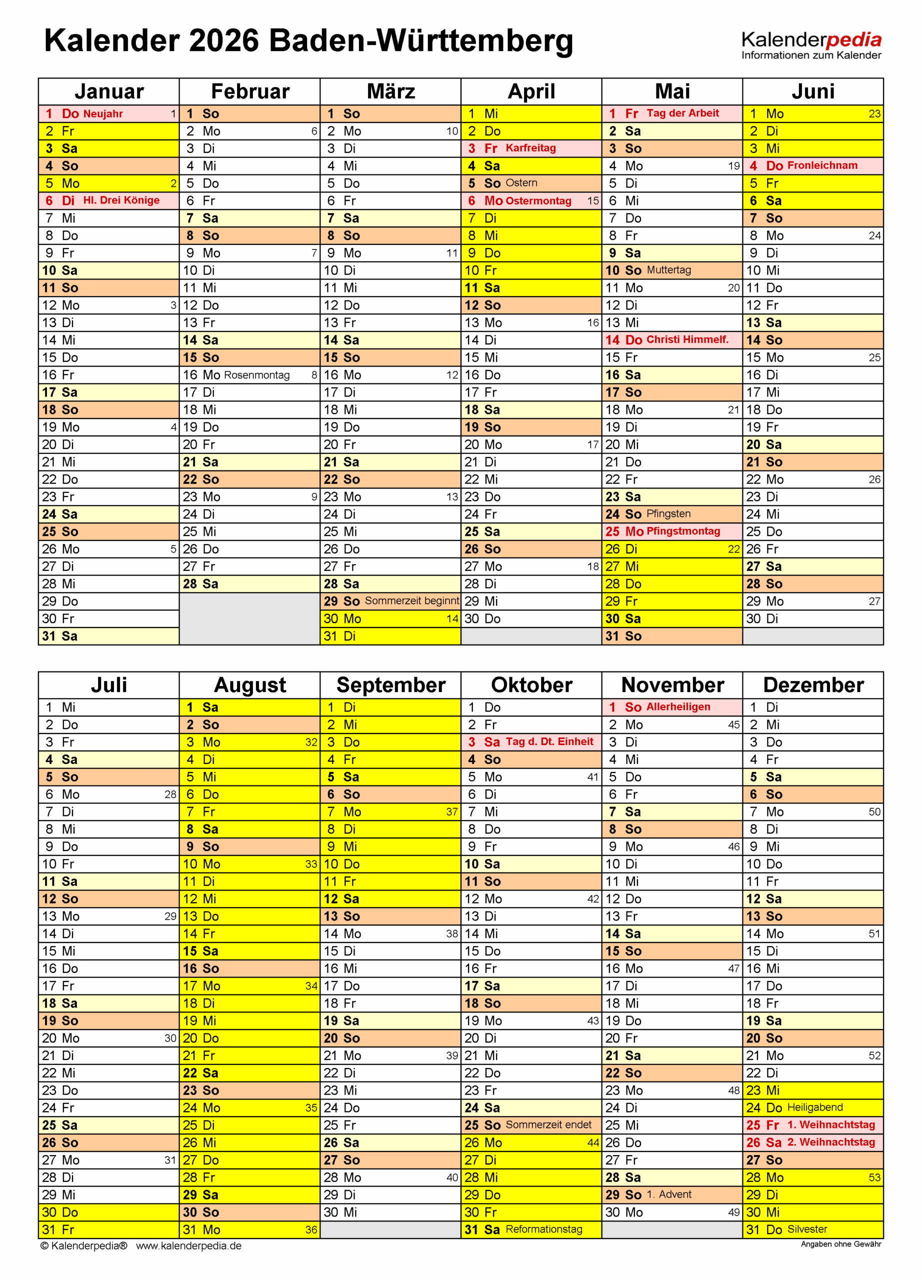 Baden-württemberg Ferien 2026 Kalender 2026 + Ferien Baden-württemberg, Feiertage