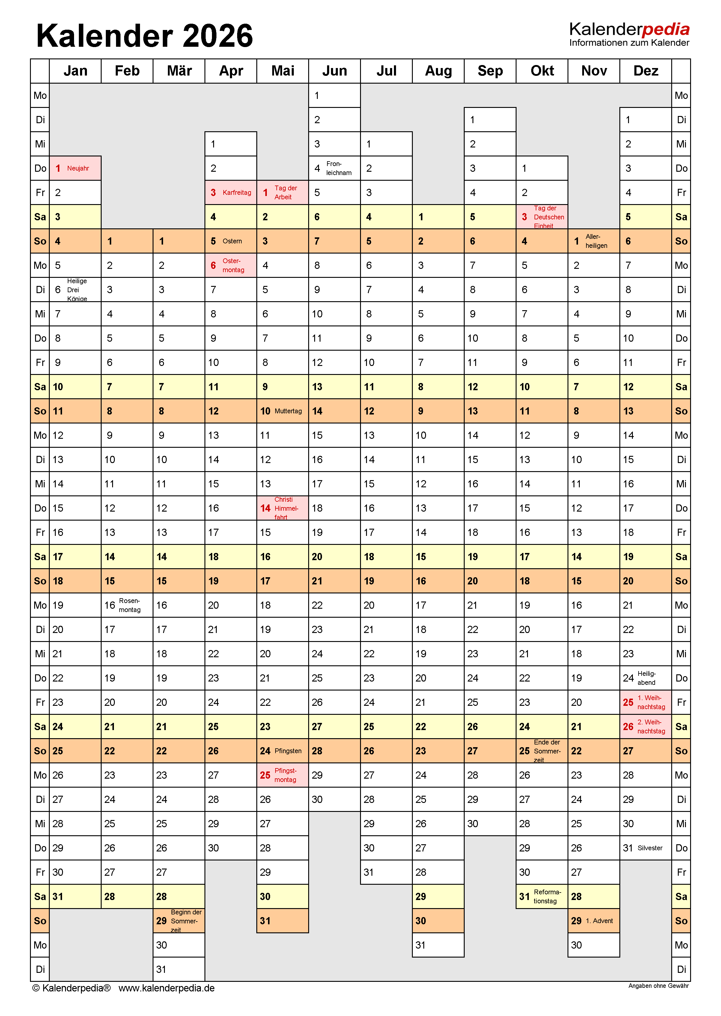  Kalender 2026 zum Ausdrucken in Excel - 20 Vorlagen (kostenlos) Bildidee 
