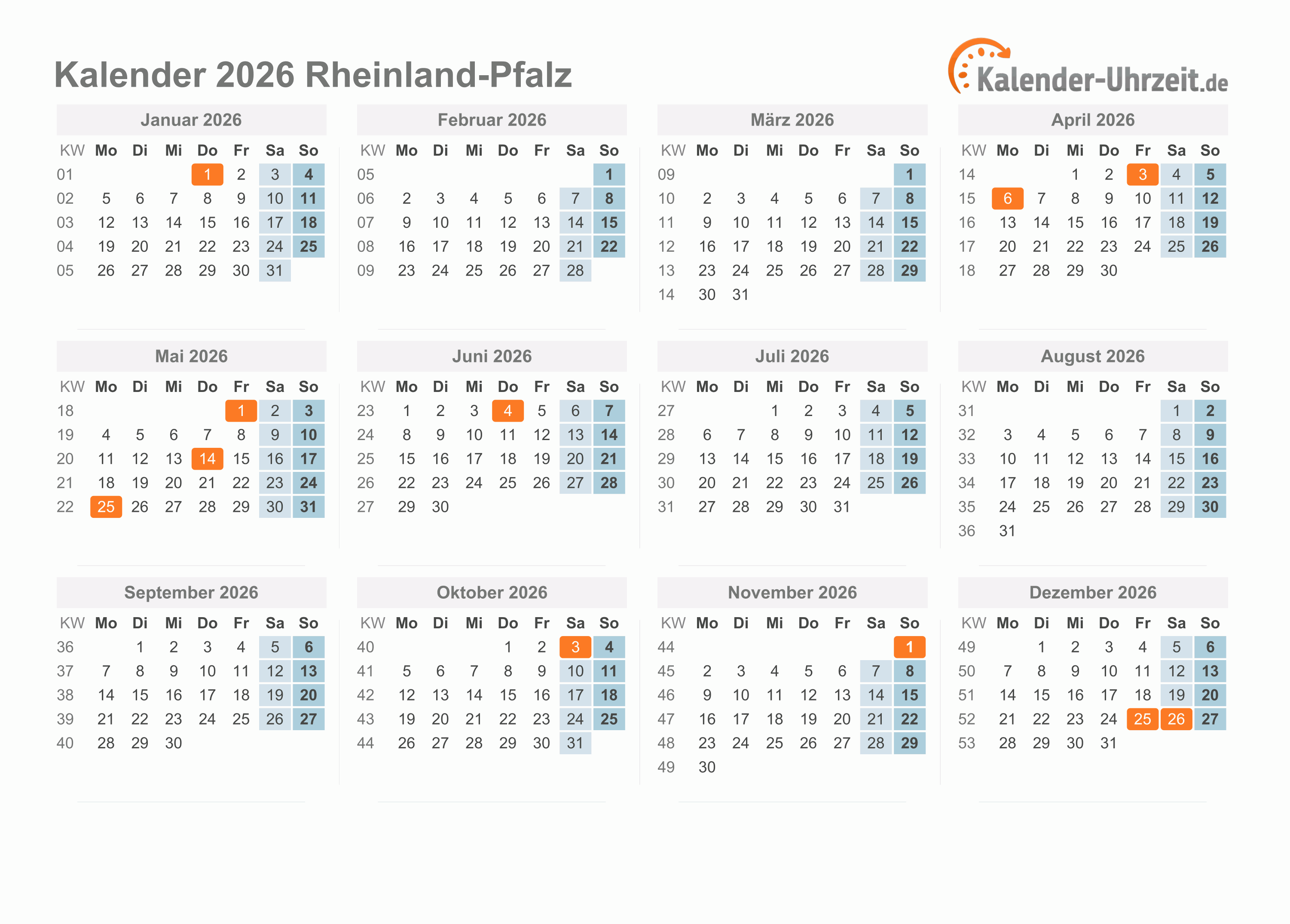  Feiertage 2026 Rheinland-Pfalz + Kalender 