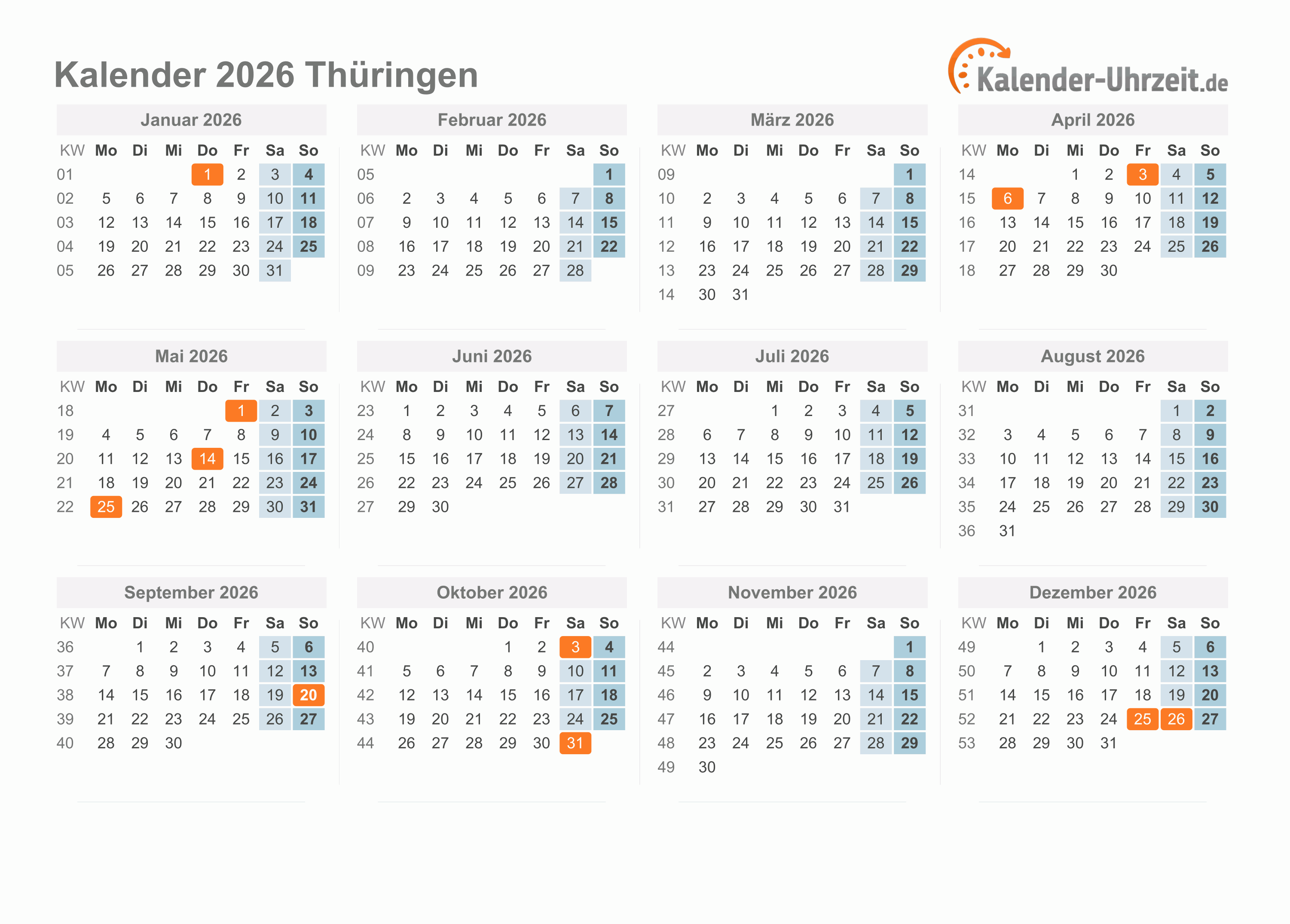  Foto zu Feiertage 2026 Thüringen + Kalender 
