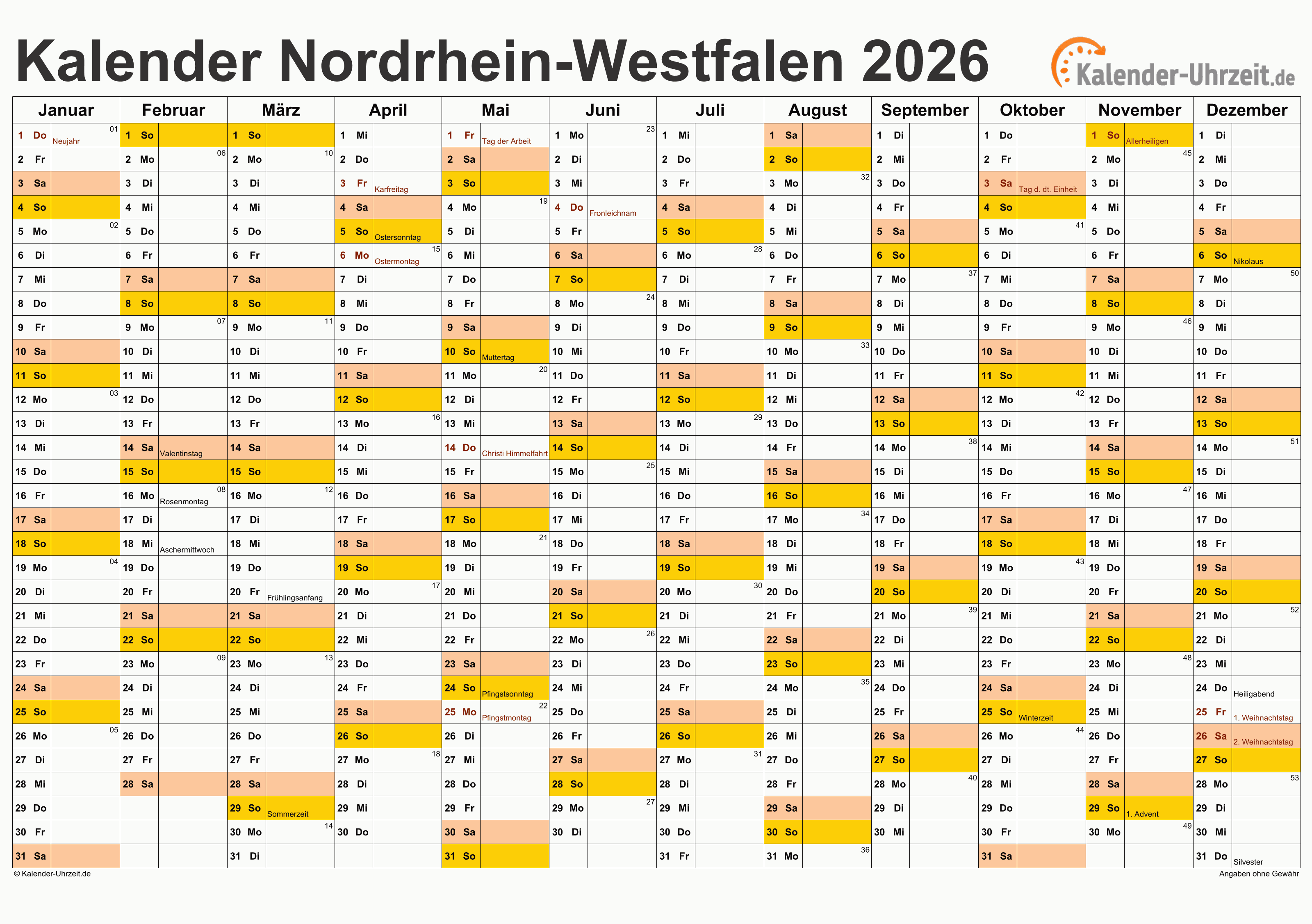  Feiertage 2026 Nordrhein-Westfalen + Kalender 